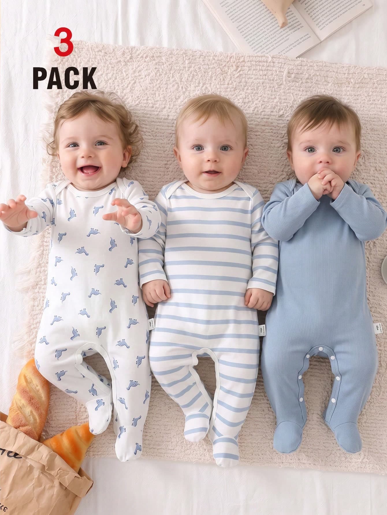 SHEIN 3pcs/Set Summer Autumn Winter Newborn Rompers, Cute Dinosaur Stripe Print White Blue Long Sleeve Footed Bodysuits, Comfortable Soft Home Wear, Best Gift For Newborns
