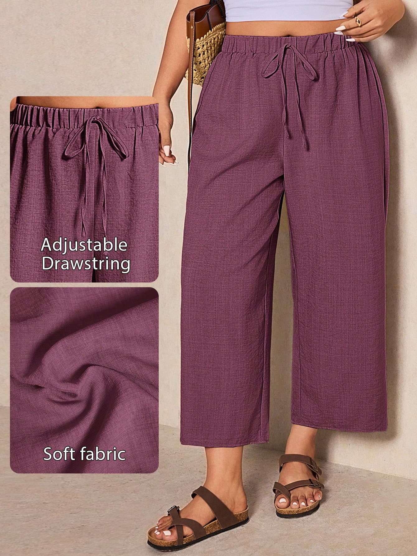 Elaquor Plus Size Casual Solid Color Elastic Waist Loose Pants Formal Vacation Dark Purple Summer
