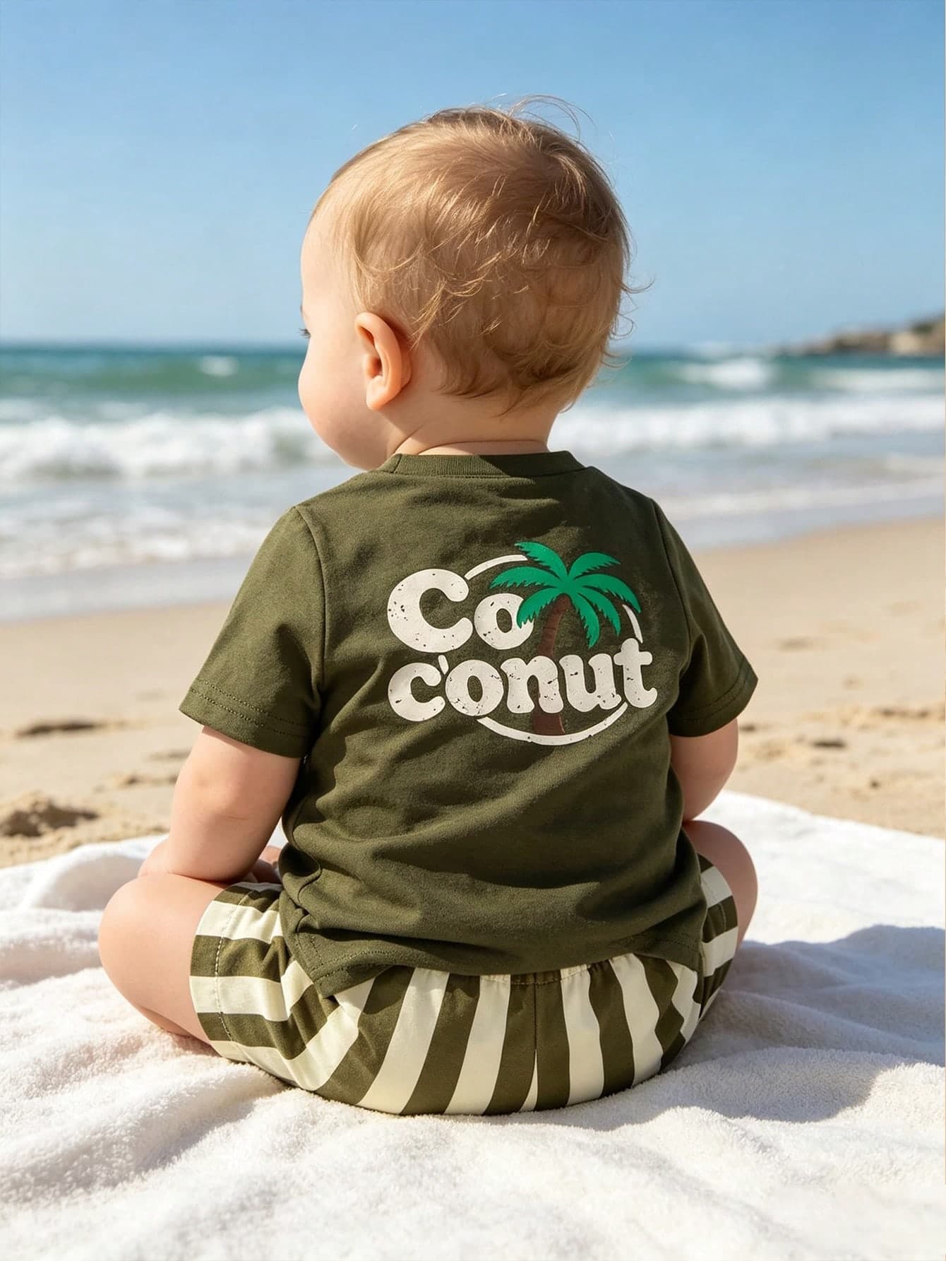 SHEIN Baby Boy Coconut Tree Print Top & Striped Shorts Casual Set