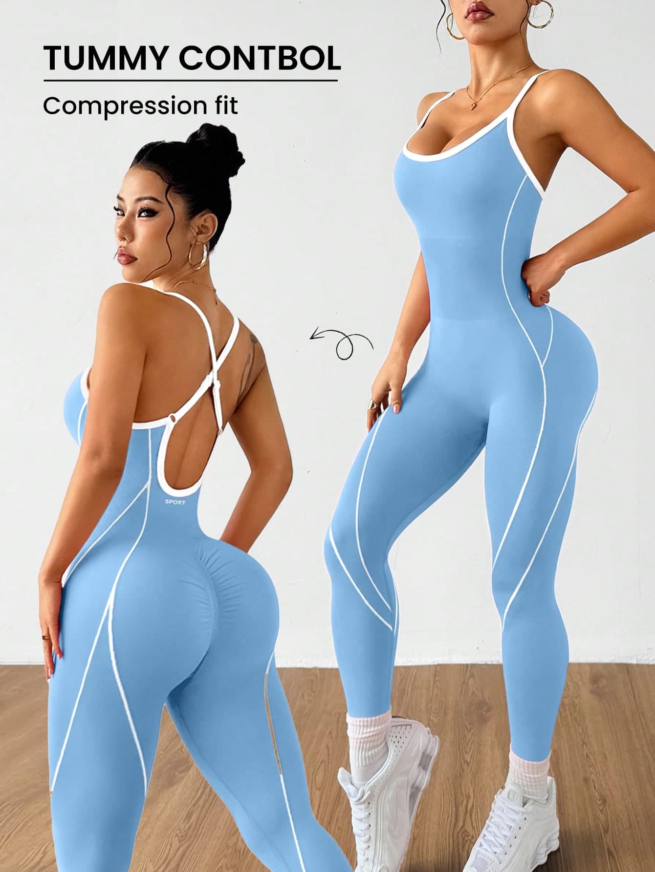 SHEIN Dewbera Women's Colorblock Casual Athleisure Sexy Daily Travel Sports Camisole Jumpsuit Gym Blue And White Summer