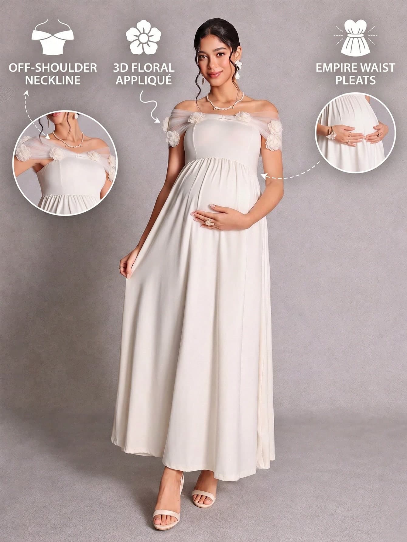Cheriluna Maternity Plus Size French Style Off-Shoulder Maxi Dress, 3D Floral Shoulder Decor With Mesh Cape, Ruched High Waist Full Skirt, Draped Fabric, Elegant Fairy Style, Party Date Light Luxury Maternity Long Dress