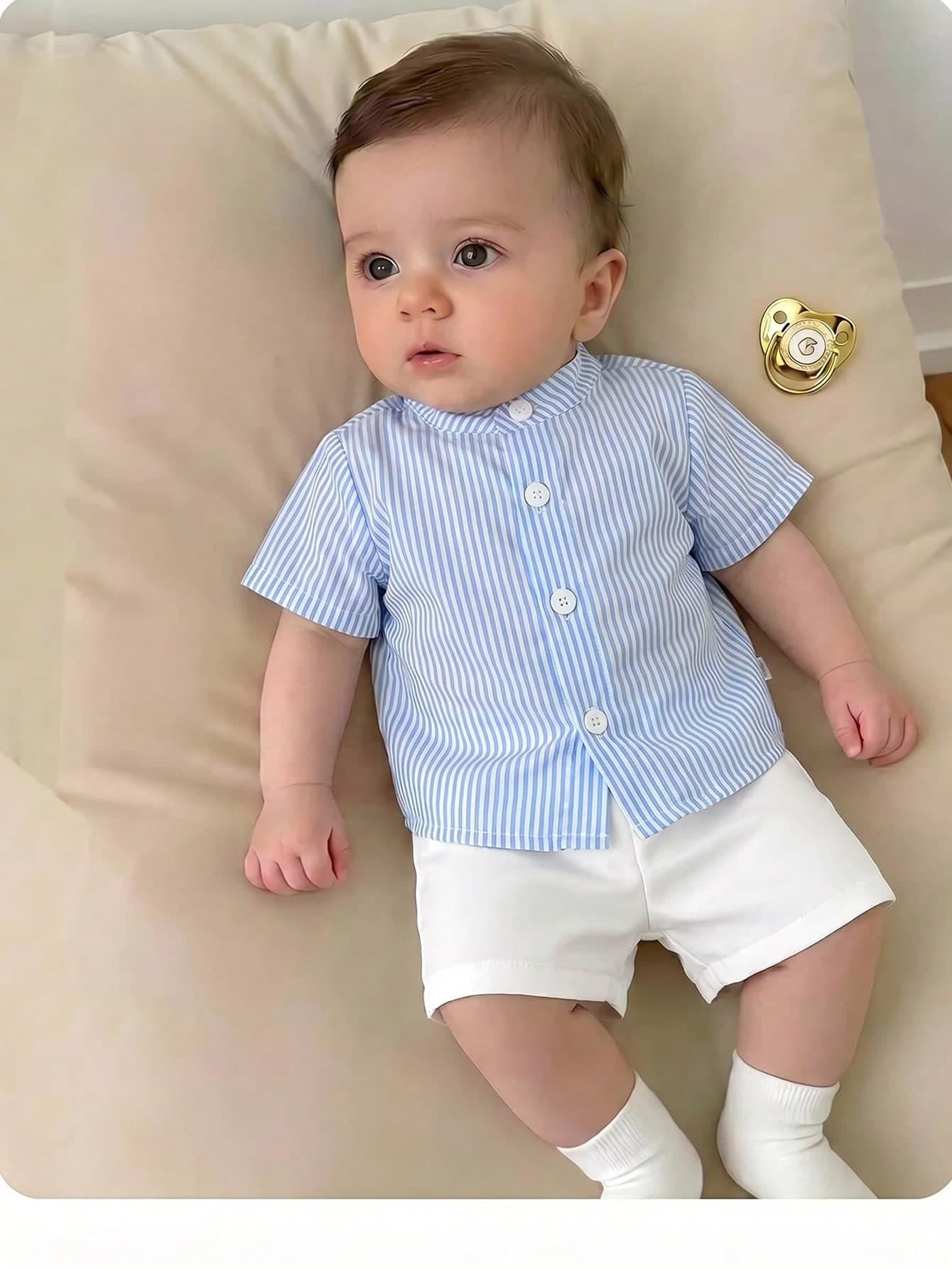 Newborn Baby Boy Casual Cute Preppy Striped Short Sleeve Shirt & Elastic Waist Shorts Set Casual Summer Versatile Comfy Cute Daily Weat