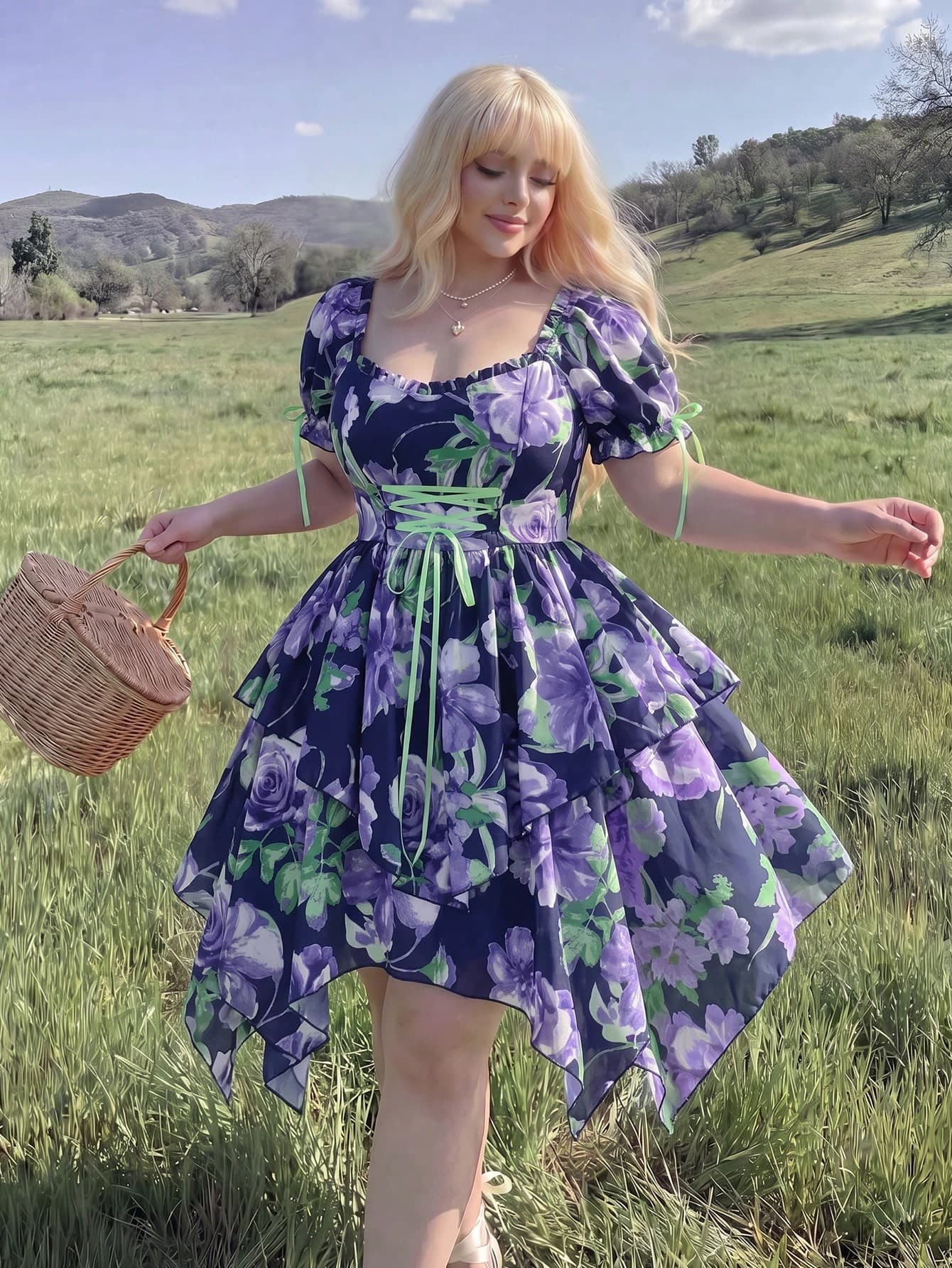 Lyrianda Plus Size Spring/Summer Fashion Printed Tie-Up Slimming Minimalist Sexy Vacation Style Dress