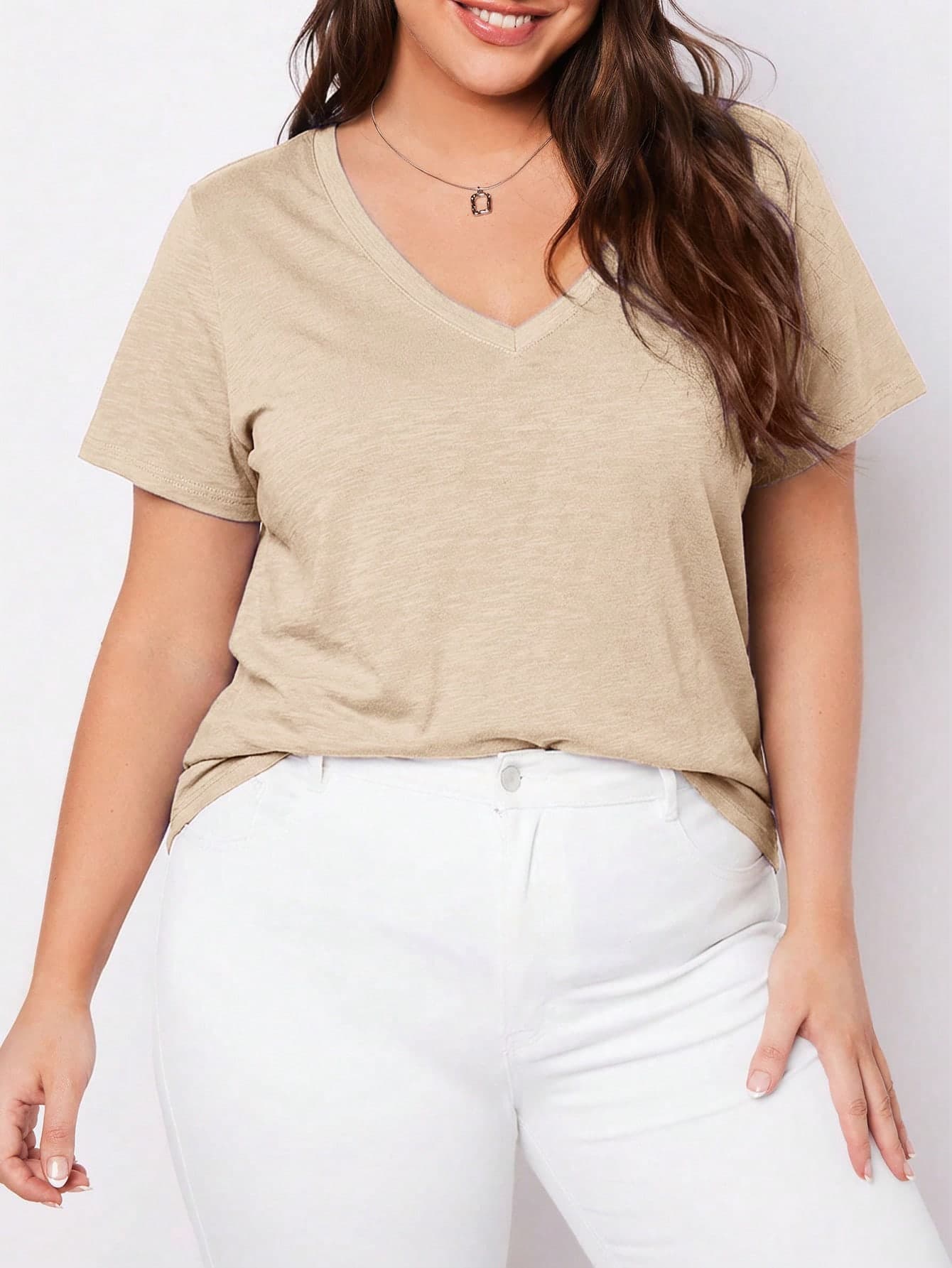 SHEIN BASICS Plus Size Minimalist Casual Short Sleeve T-Shirt, Versatile For Daily Wear, Travel And Office Club Formal Khaki Summer