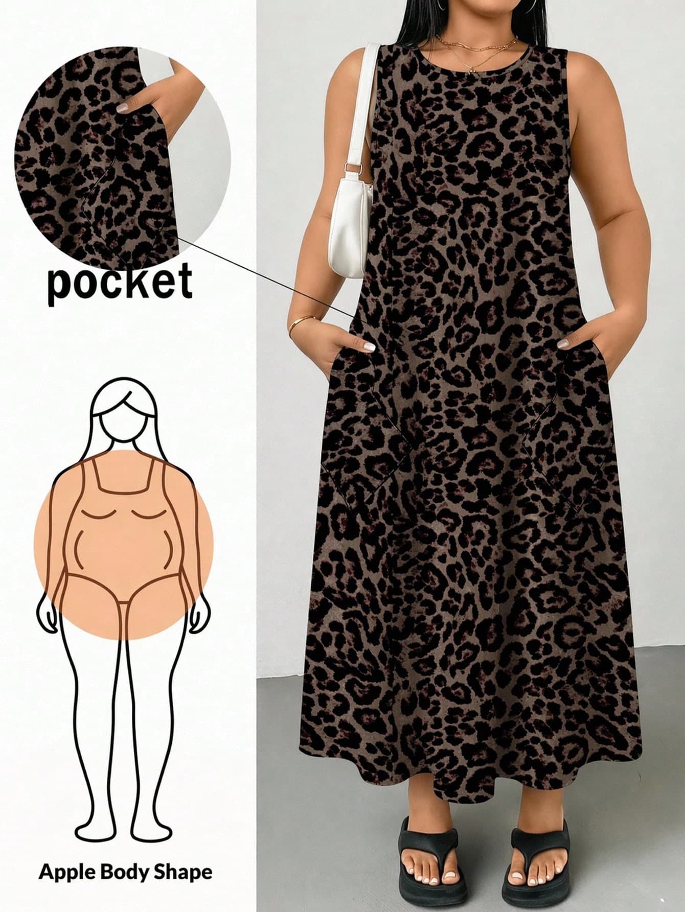 SHEIN Essnce Plus Size Women's Leopard Print Round Neck Pocket Casual Sleeveless Dress