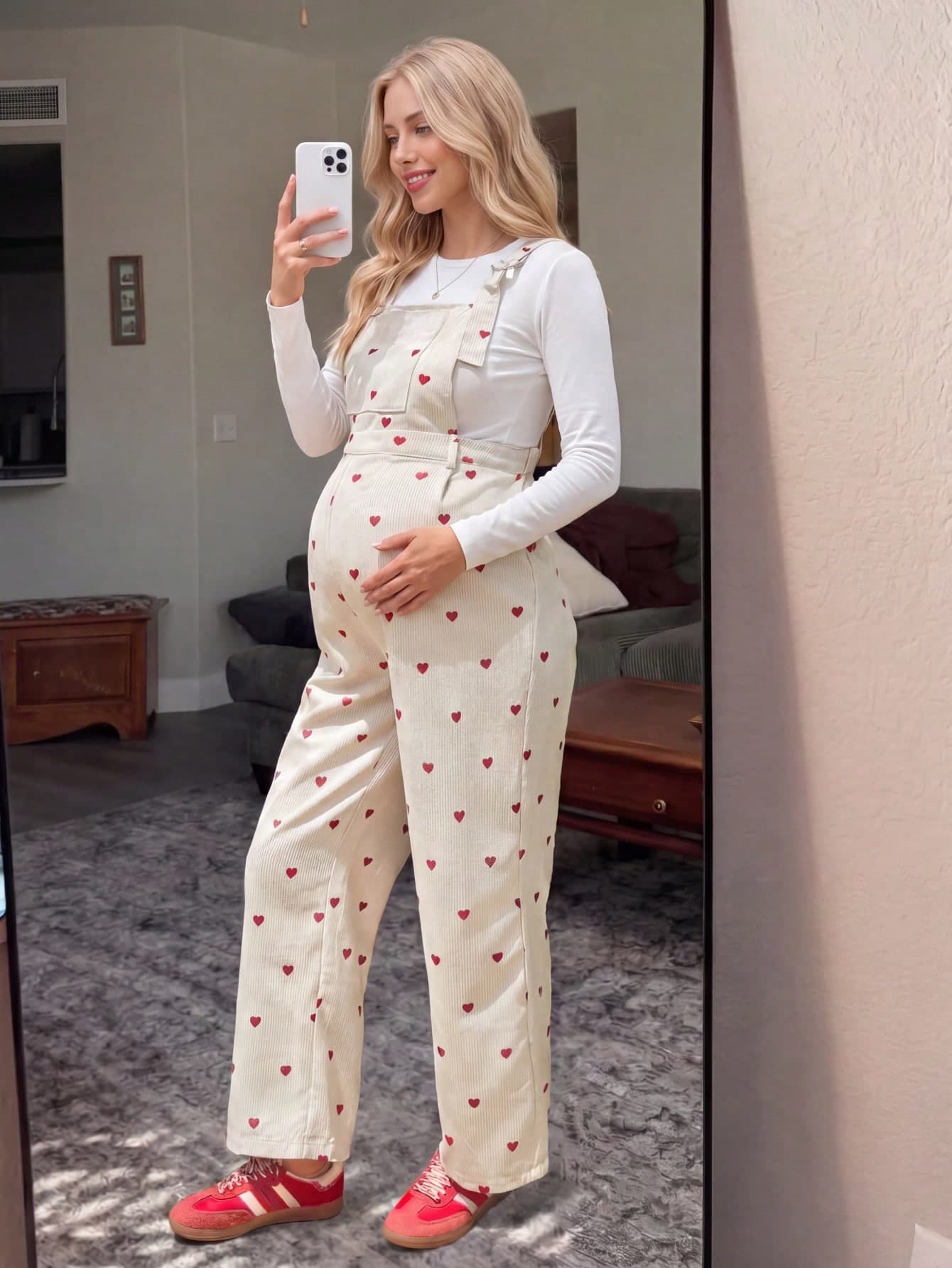 Lyckli Maternity Heart Pattern Pocket Design Casual Overall Jumpsuit Going Out Casual Polka Dot