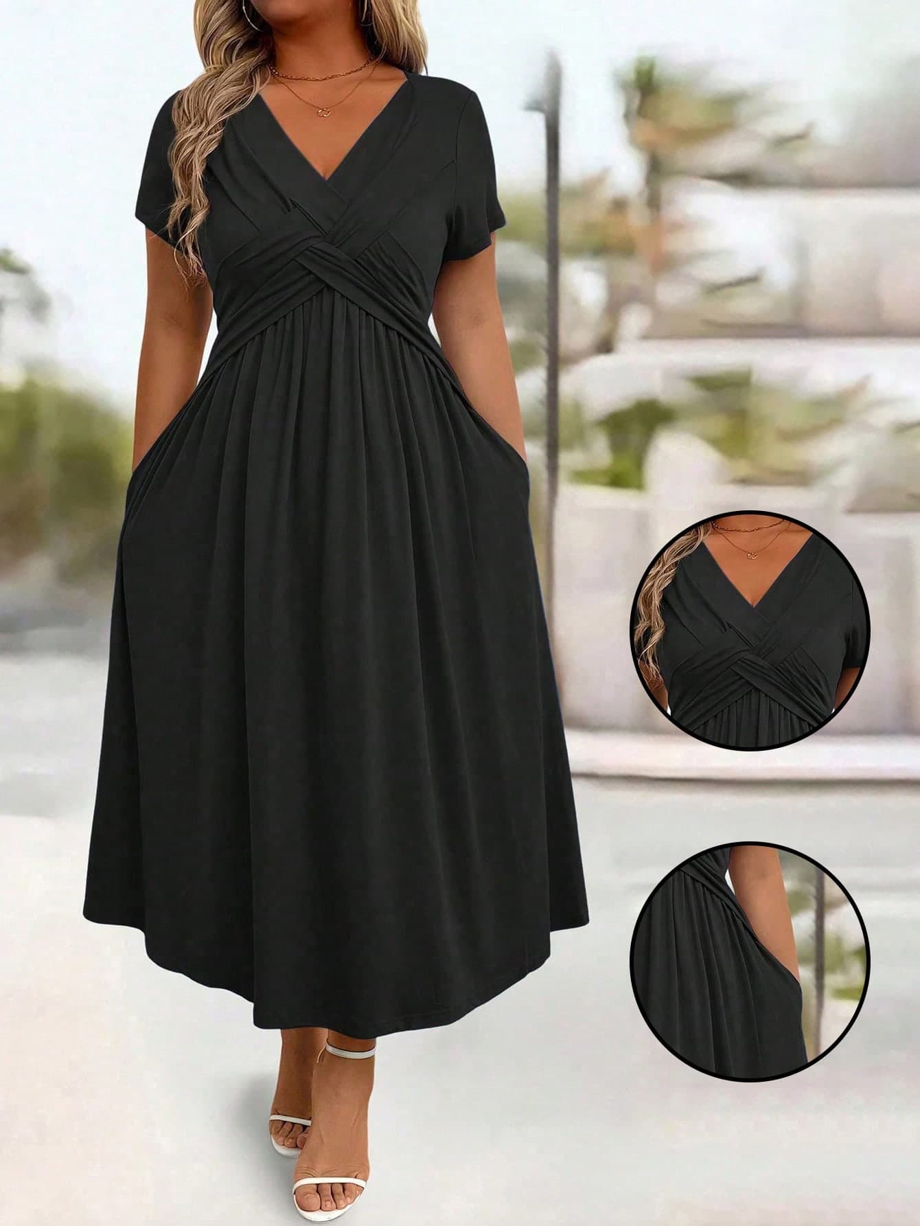 EMERY ROSE Plus Size Casual Solid Color V-Neck Cinched Waist Slant Pocket Sundress For Summer, For Thanksgiving Maxi Women Outfit