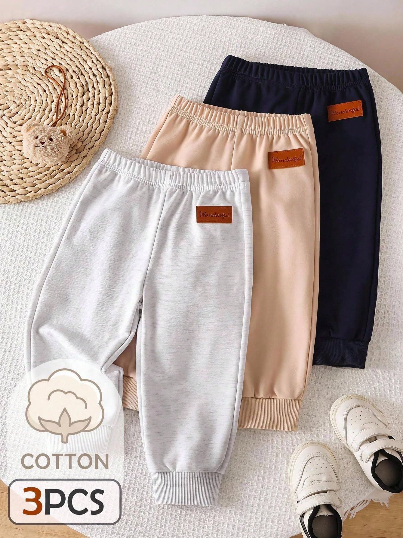 Souflis Souflis Newborn Baby Boy & Girl 3 Packs Grey, Khaki, Navy Blue Cuffed Long Pants, All-Match Versatile Style Suitable For Home, Outdoor Play, Vacation, Travel And All Occasions, 3-Piece Bundle Set With Better Value