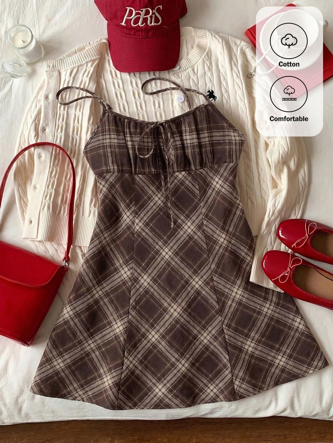 Comfortcana Plaid Women's Front Tie Strap Mini Dress