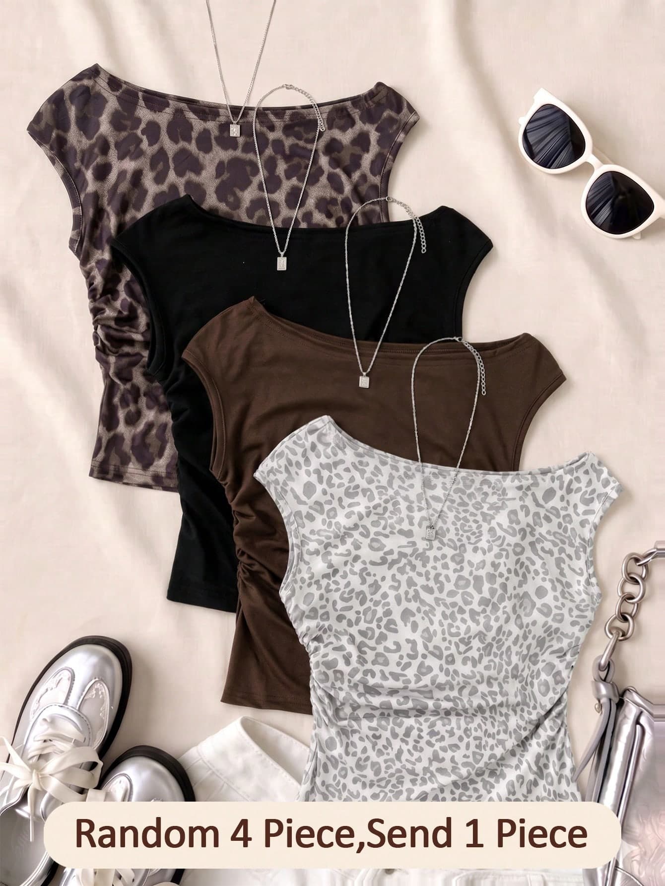 Young Girls Sweet Street Wear Casual Leopard Print, Black And Brown Solid Color Off-Shoulder Short Sleeve T-Shirts, Suitable For Daily Wear, Vacation