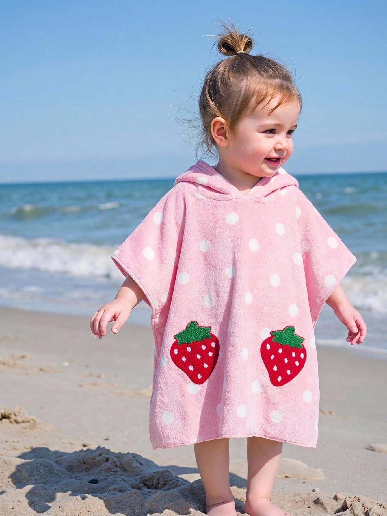 Baby Girl Autumn/Winter Strawberry Embroidered Pattern Hooded Cute Comfortable Flannel Absorbent Bathrobe, Pajamas, Blanket, Suitable For Various Seasons And Occasions, Such As Bathroom And Beach