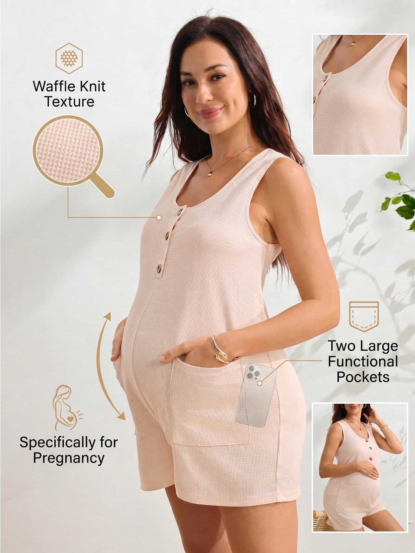 SHEIN Summer Maternity Solid Color Button Design Pocket Design Casual Sleeveless Romper Gender Reveal Comfortable Outfits Maternity Photoshoot