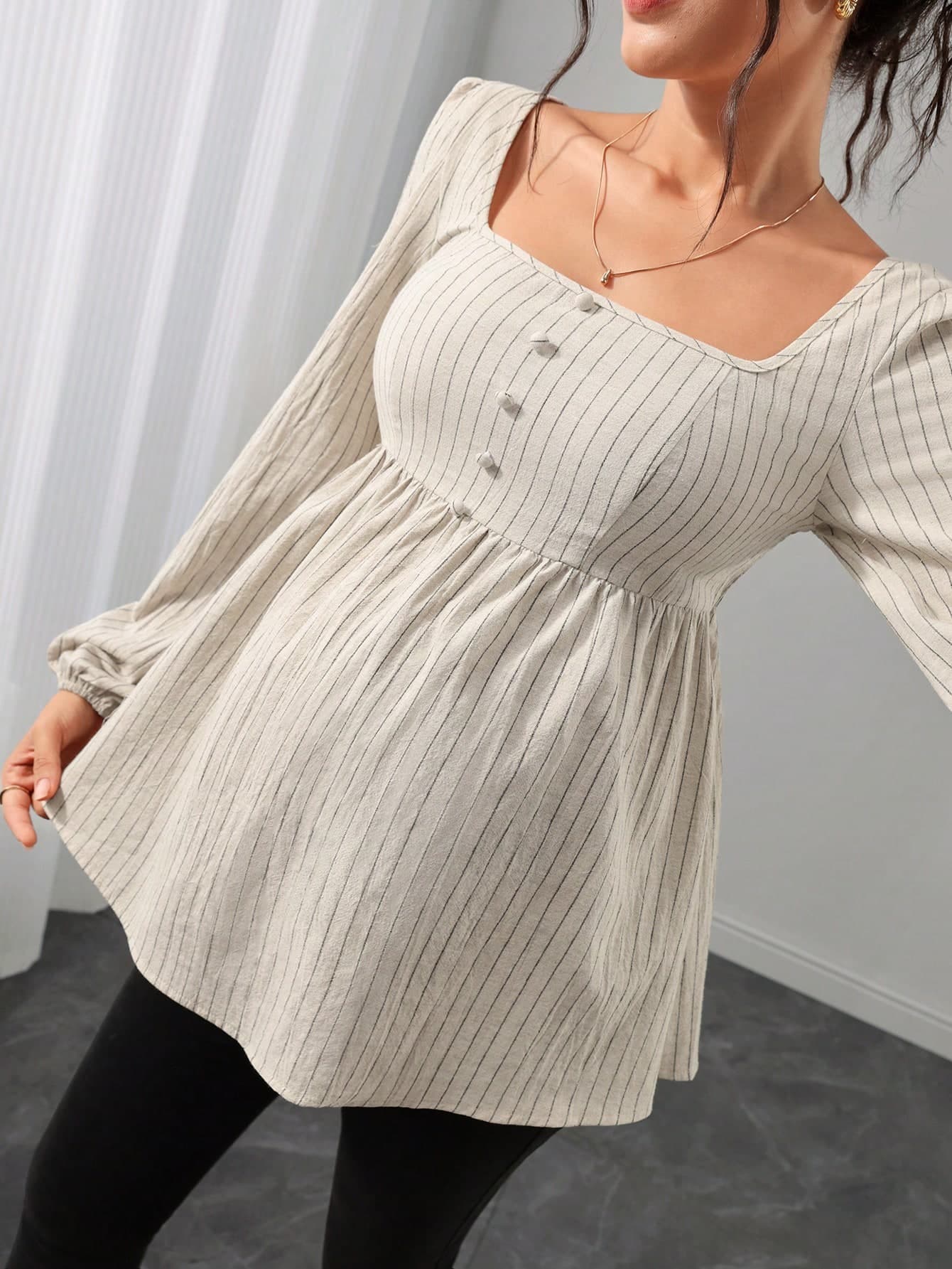 Momance Maternity Striped Square Neck Top, Loose And Comfortable Photoshoot Fall And Winter Maternity