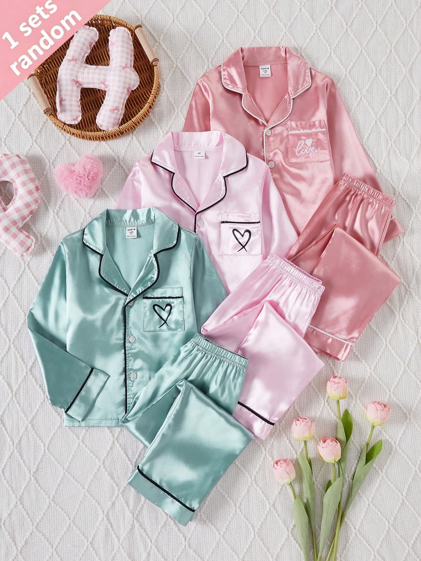 SHEIN Playful Pals Girls 3-Piece Pajama Set, Solid Color Seersucker Casual Pocket Heart Print Long Sleeve Cardigan And Pants, Random Assorted Surprise Blind Box