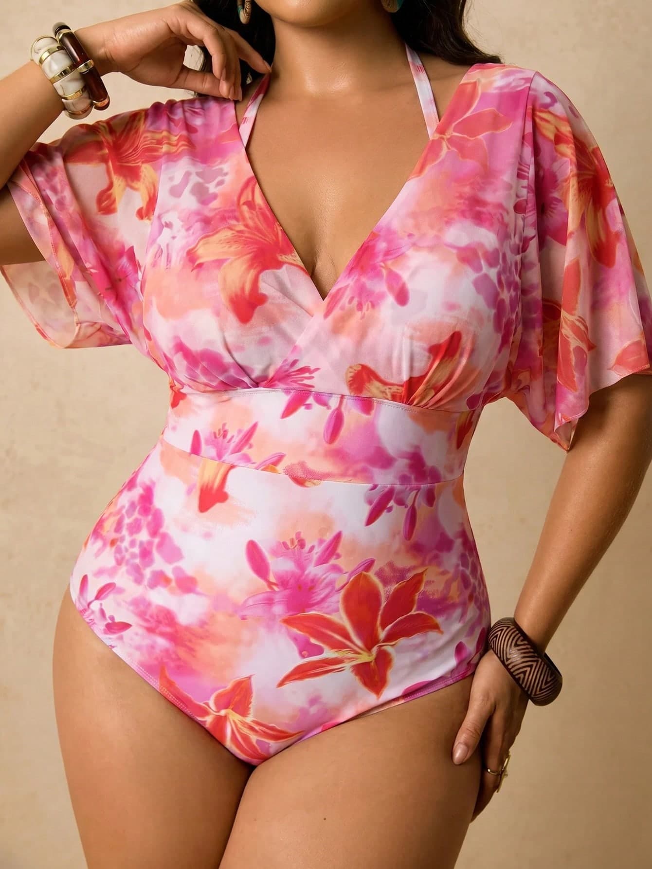 Travachic Plus Size Women's Floral Print 2 In 1 Swimsuit For Vacation One Piece Bathing Suit Swim Dress Party All White Summer