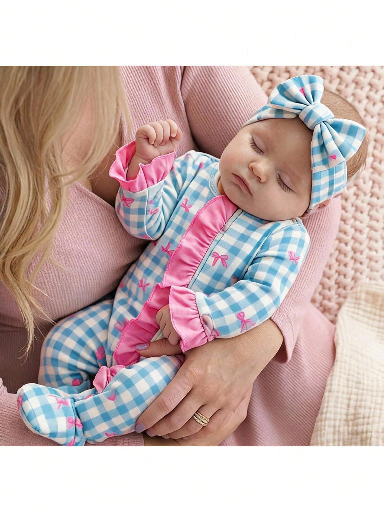 SHEIN Newborn Baby Cute Knitted Casual Cartoon Pattern Romper And Headband Set