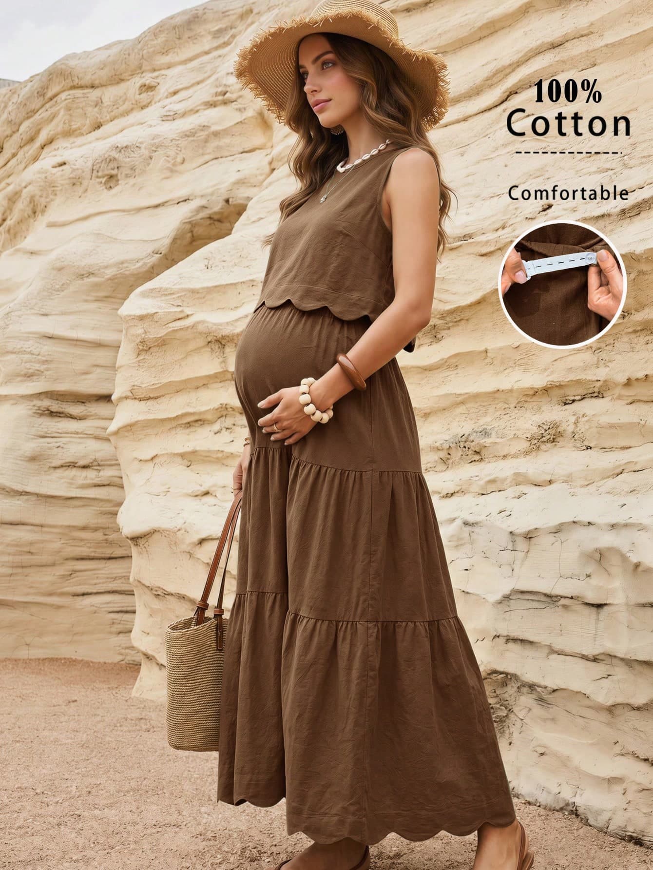 Boho Mama Maternity Vacation Casual Solid Color Tank Top Skirt 2 Pieces Set Photoshoot Summer