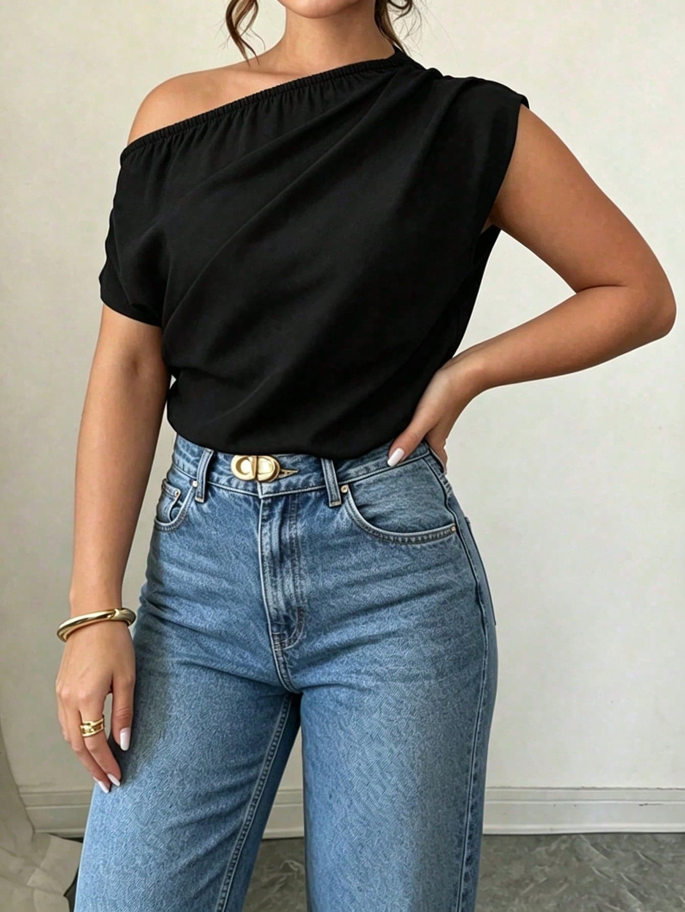 Elenzga Black Plus Size Casual Pleated Design Short Sleeve Blouse, Suitable For Spring, Summer And Autumn