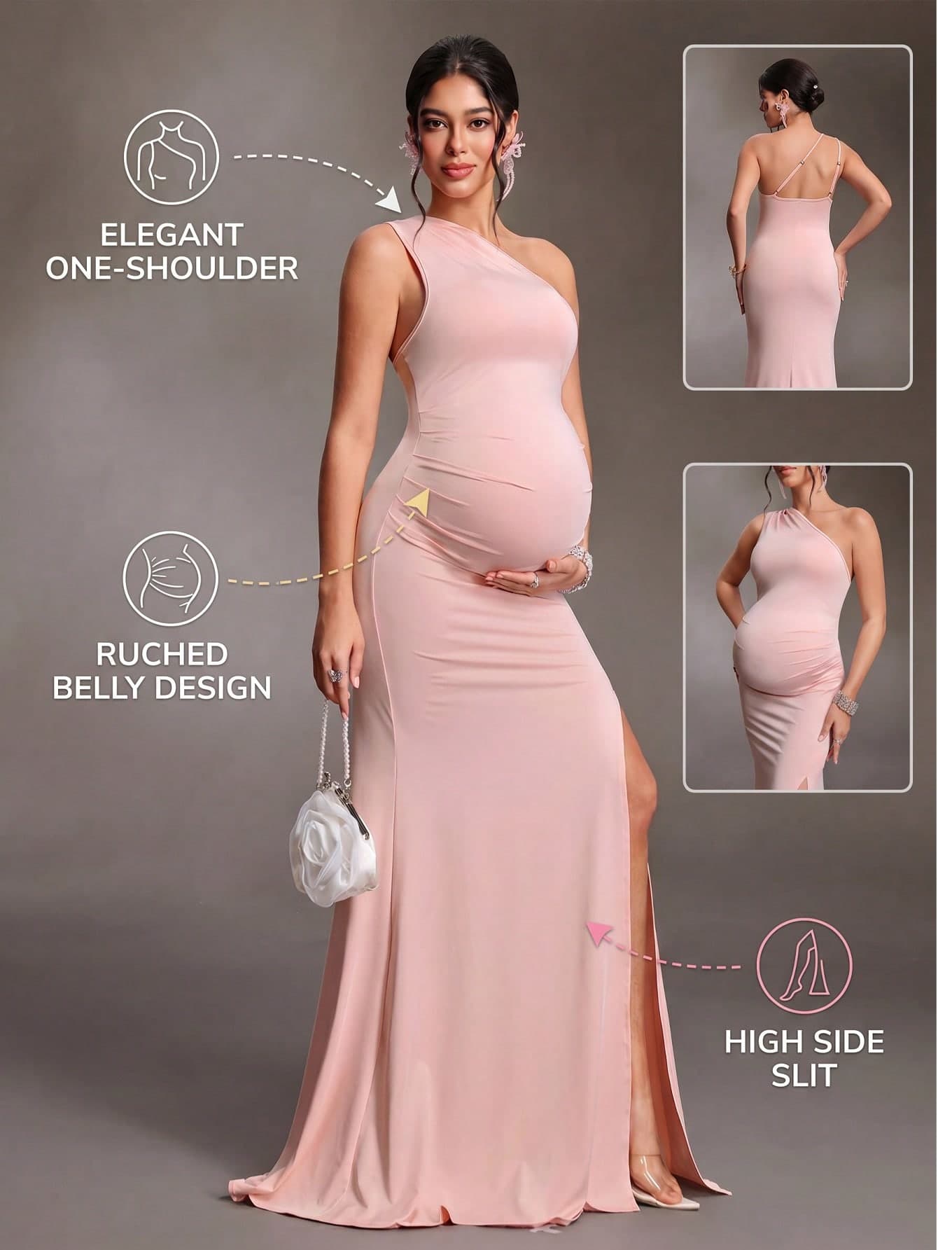 Cheriluna Maternity Lightweight Elegant One-Shoulder Maternity Photo Shoot Dress, Slimming Fitted Shiny Fabric Slit Maxi Evening Dress Baby Shower Maternity Photoshoot