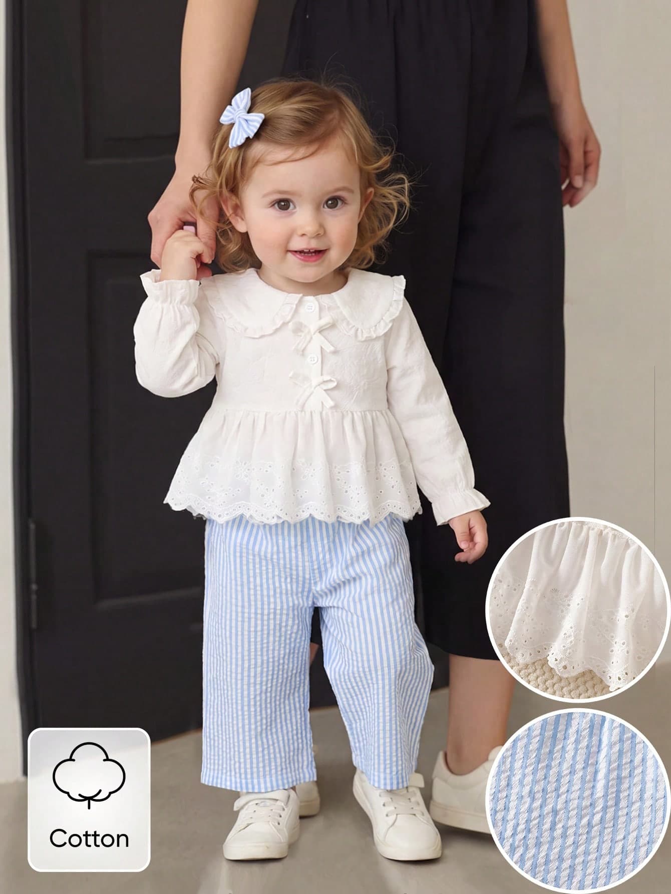 SHEIN Baby Girl Casual College Style White Lapel Long-Sleeved Embroidery Cotton Shirt Top And Blue Stripe Pants Set Suitable For Autumn Back To School