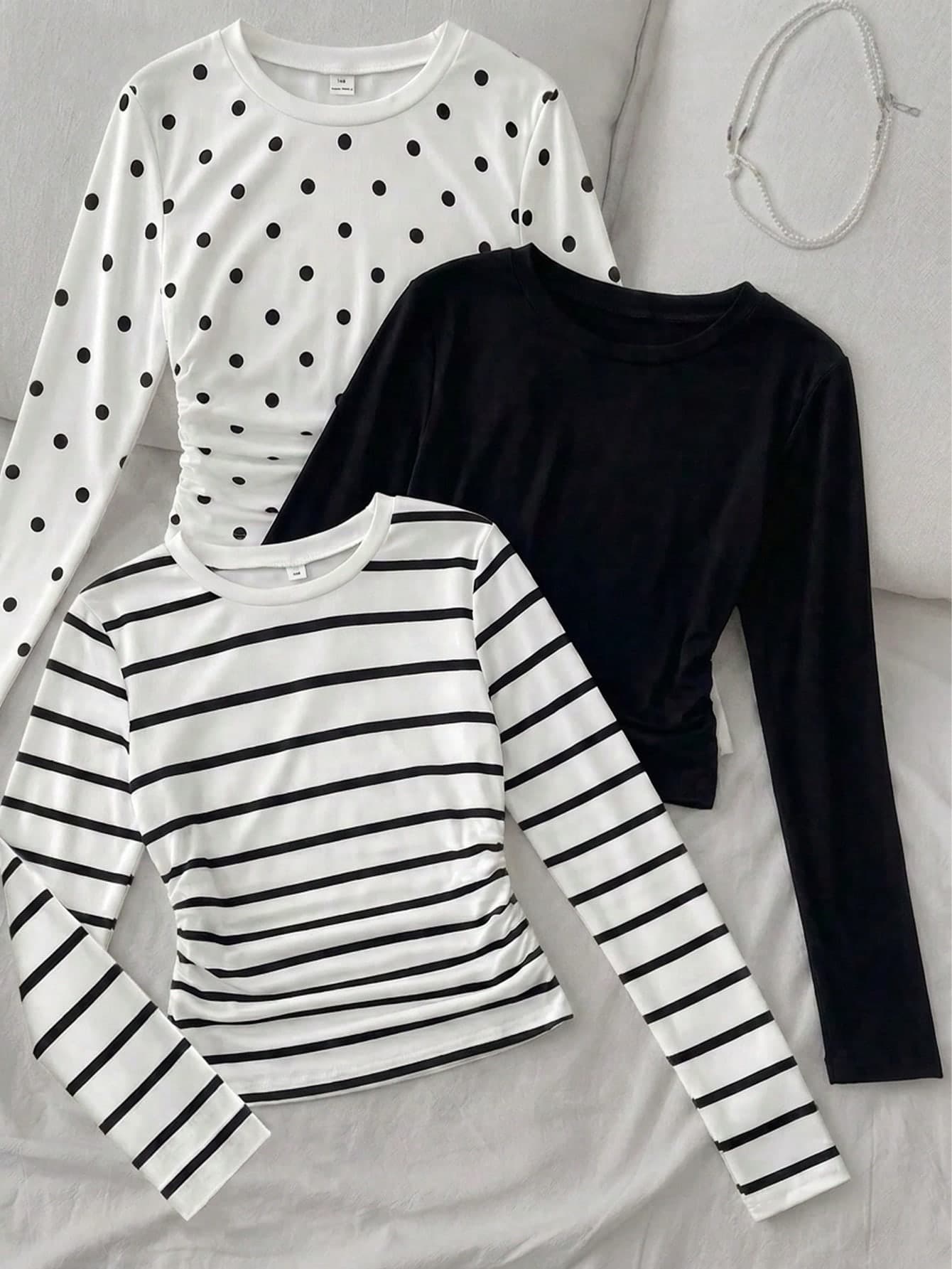 SHEIN 3pcs Girls Knit Tops, Black Polka Dot, White Stripe, Solid Black, Simple Comfortable Casual Fashion Outdoor, Suitable For And Home Wear