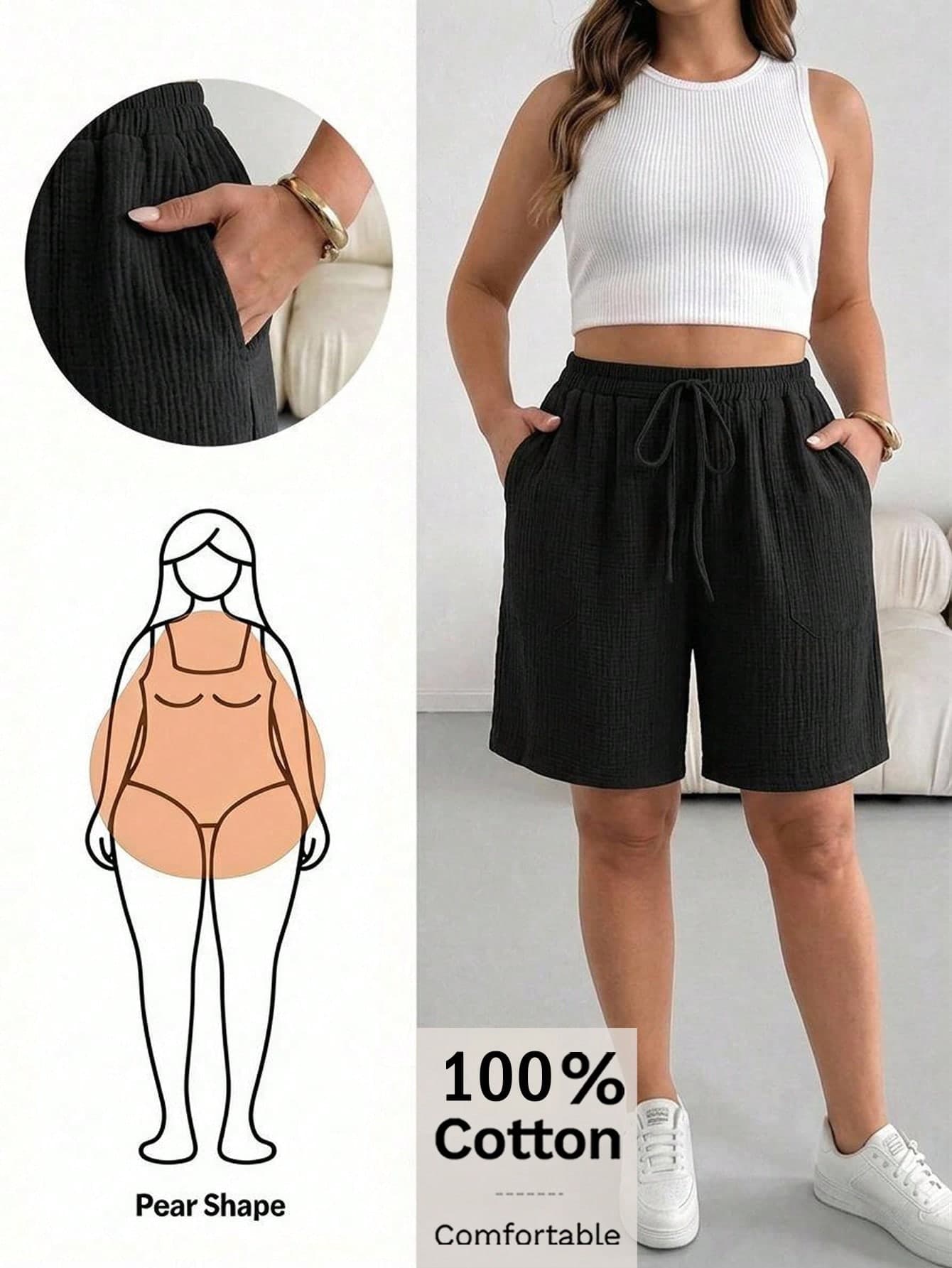 SHEIN Essnce Plus Size Women Solid Color Drawstring Waist Casual Versatile Daily Wear Shorts