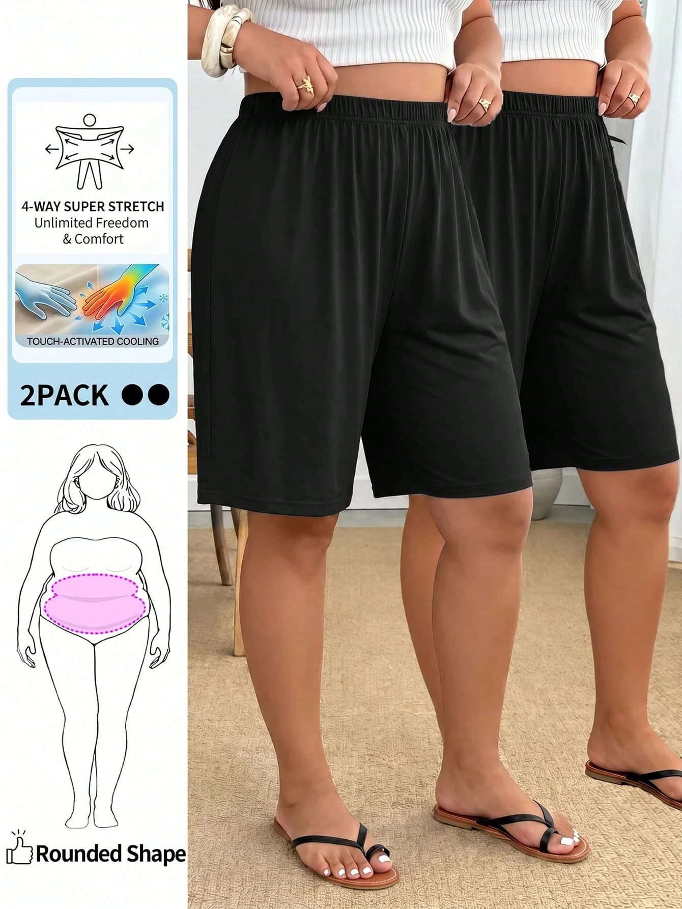 Enliva Plus Size Loose Ice Silk Anti-Chafe Shorts (2pcs/Pack) Summer Comfortable Anti-Chafe Under Shorts Black Smart Casual
