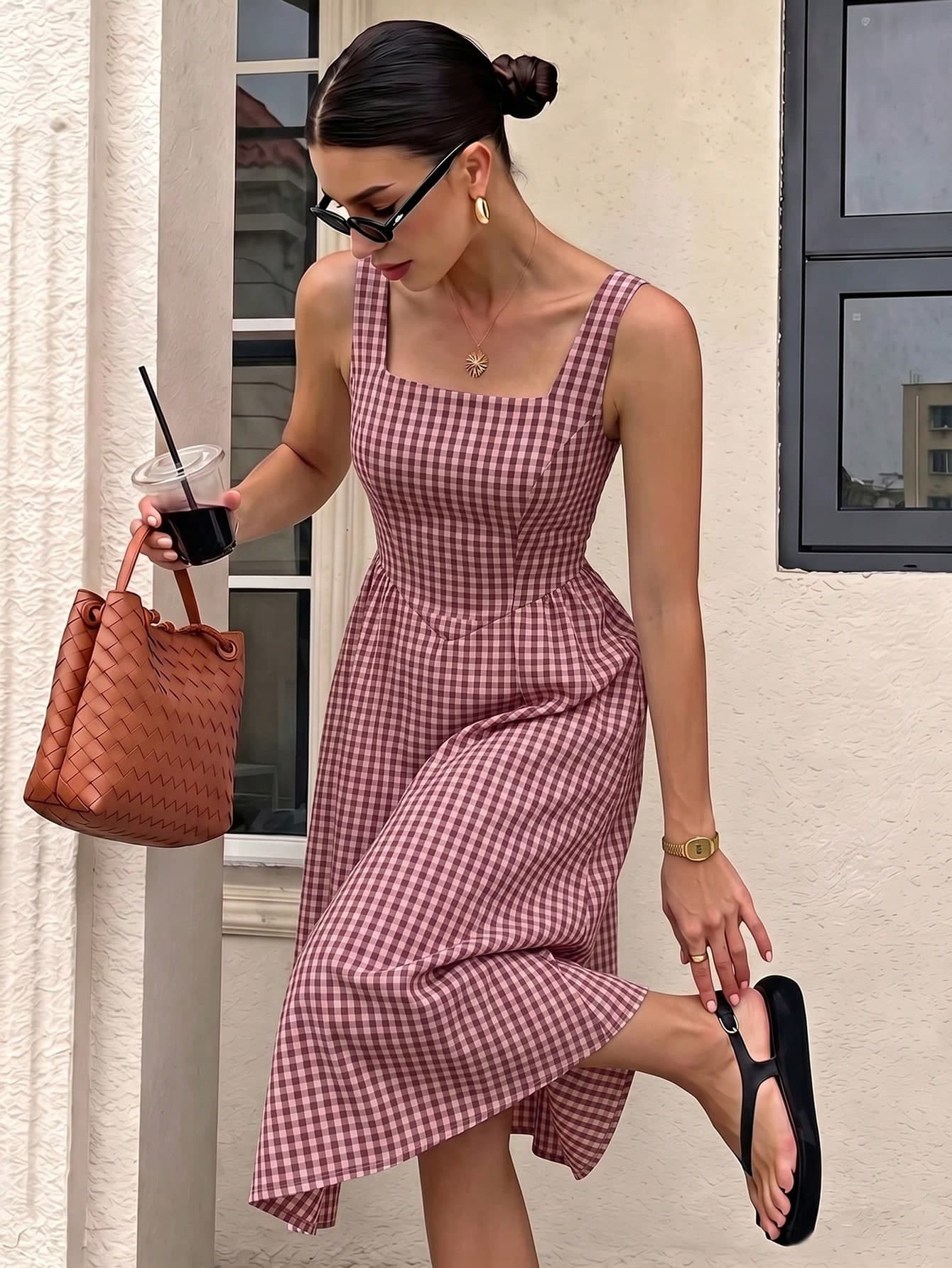 Siren Gaze Casual Vacation Style Red Plaid Full Print Pattern Women's Mid-Length Dress Suitable For Spring And Summer