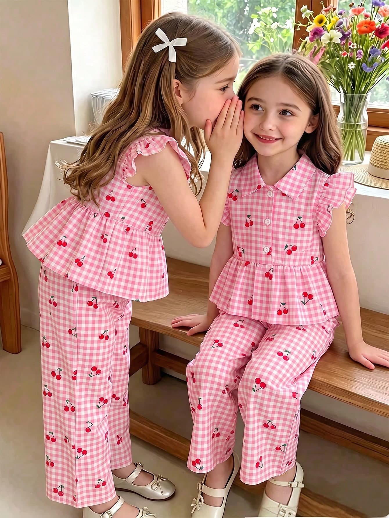 Elladie kids Girls' Summer New Minimalist Cap Sleeve Bow Decor Back Opening Water Drop Plaid Cherry Print Blouse & Casual Straight Leg Shorts Sweet Versatile Commute Set