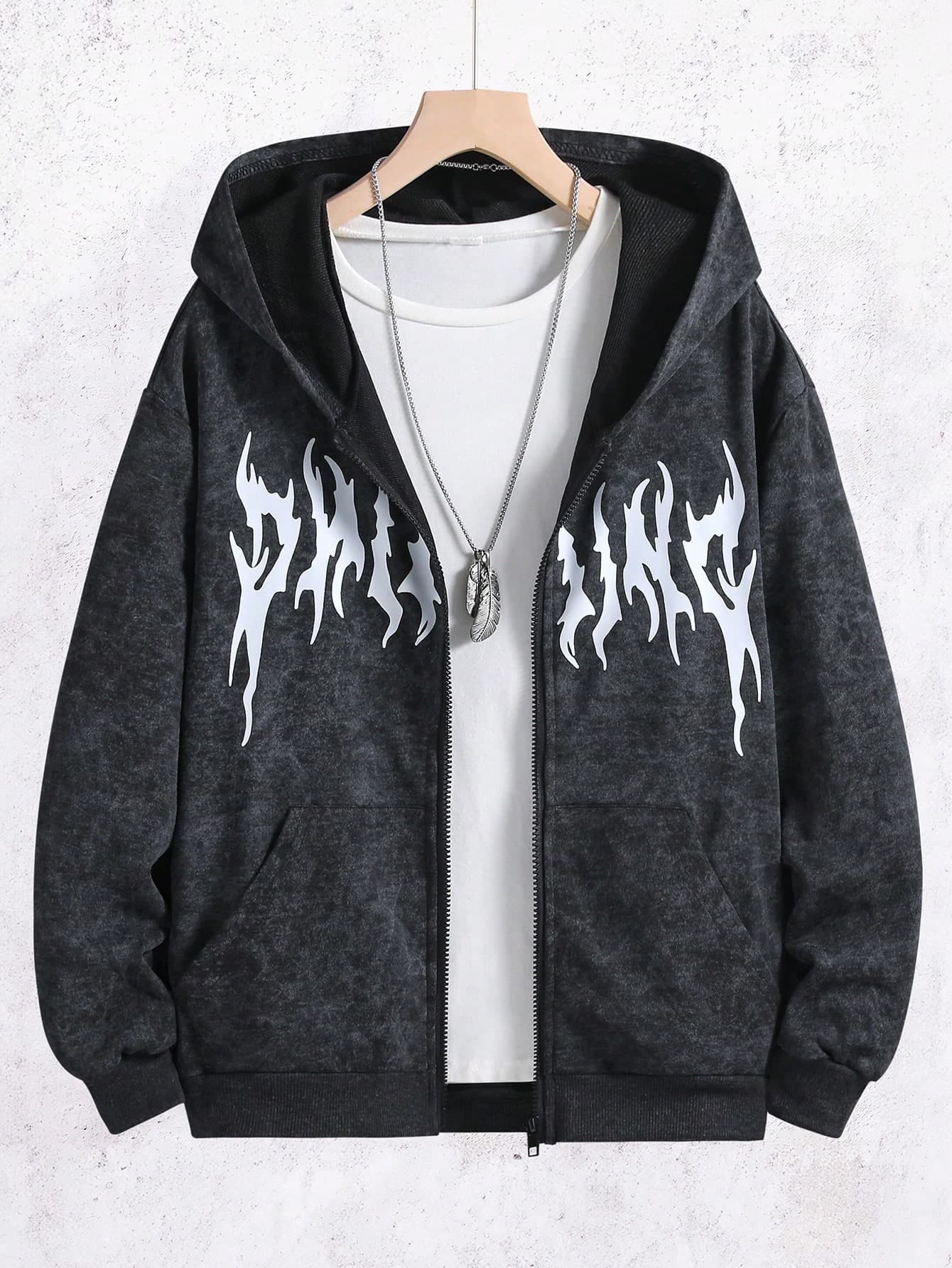 Teen Boy All-Match Graphic Print Multi-Function Hooded Zip-Up Sweatshirt