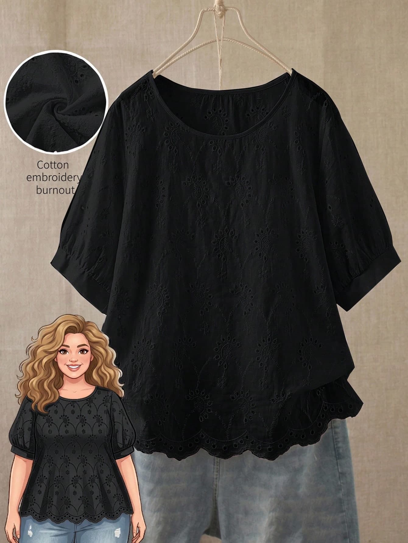 Rusticease Plus Size Women's Embroidered Design Round Neck Short Sleeve Casual Elegant Shirt Tea Party Black Summer