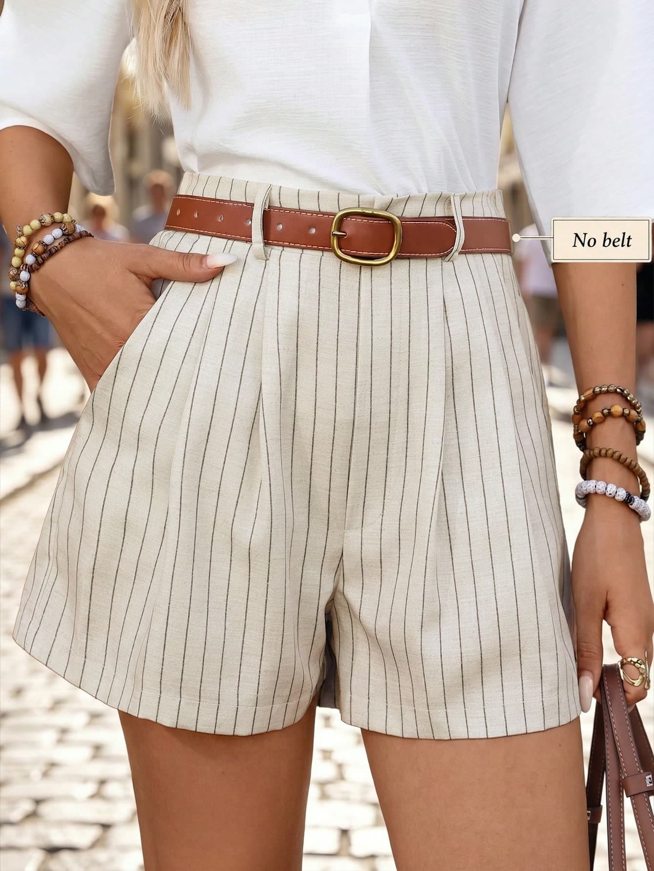 Balvessa 2026 New Apricot Fine Vertical Striped Print Shorts, Faux Linen Cotton Striped Print Women's High Waist Pants, Casual Suit Elastic Waist Shorts, Straight Leg Shorts, High Waist A-Line Silhouette, Front Pleat Design, Loose Straight Leg Fit, French Commuter Style / Vintage Casual Style / Mature Style / Vacation Style, Suitable For Daily Commute, Vacation