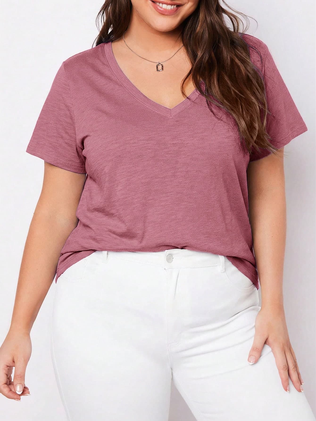 SHEIN BASICS Plus Size Women's Solid Color V-Neck Short Sleeve Casual T-Shirt Office Dusty Rose Summer
