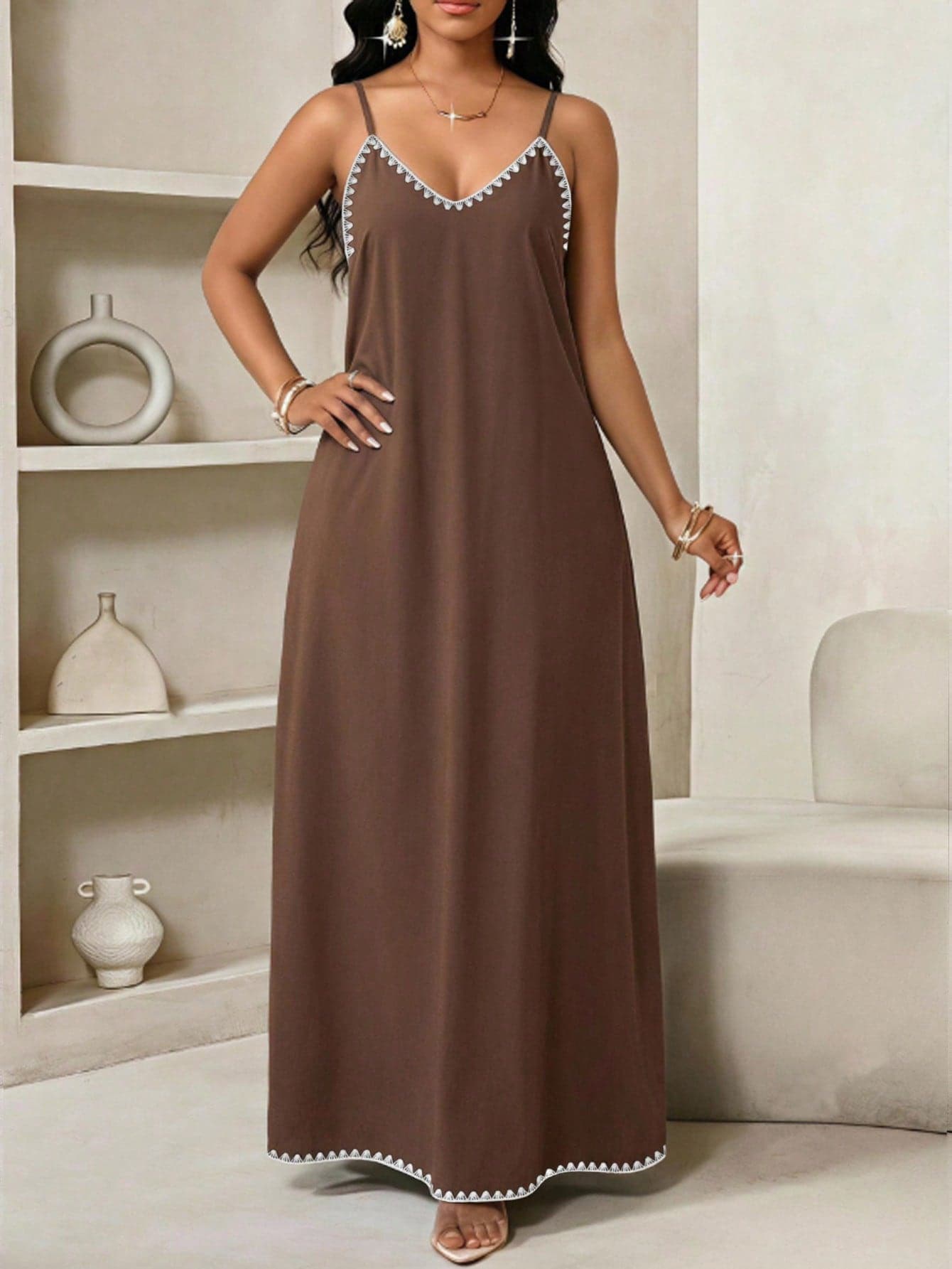 SHEIN Lady Vacation Casual Shell Flower Craft Plus Size V-Neck Spaghetti Strap Coffee Brown Dress, Suitable For Summer, Party, Music Festival, Date