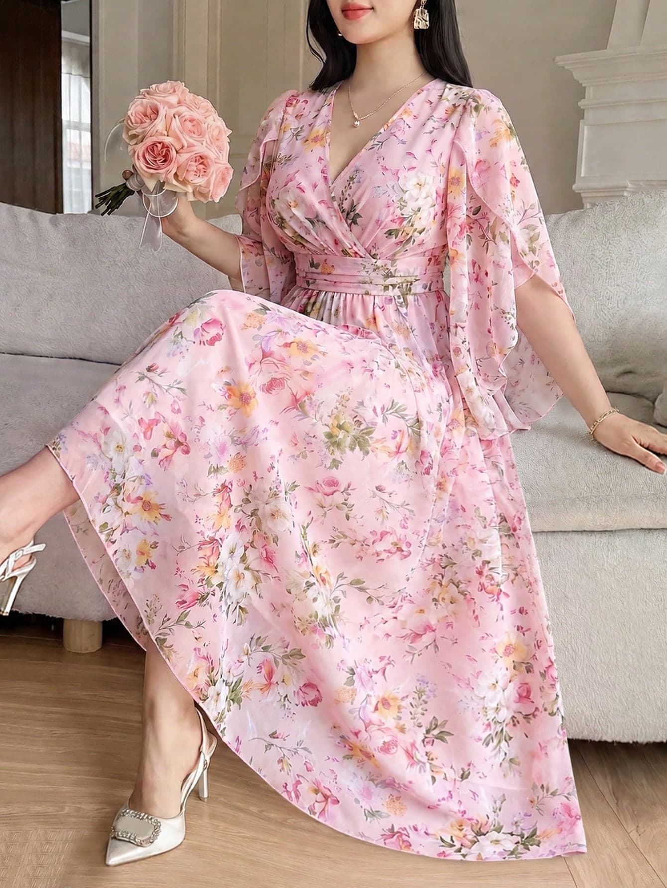 Vibekara French Elegant Princess Court Vintage Pure Desire Pleated Ruffle Puff Sleeve V-Neck Cinched Waist High Waist Slimming Flattering A-Line Vacation Wedding Bridesmaid Wedding Dress Date Party Lawn Picnic Floral Print Pink Spring Summer Plus Size Women Dress