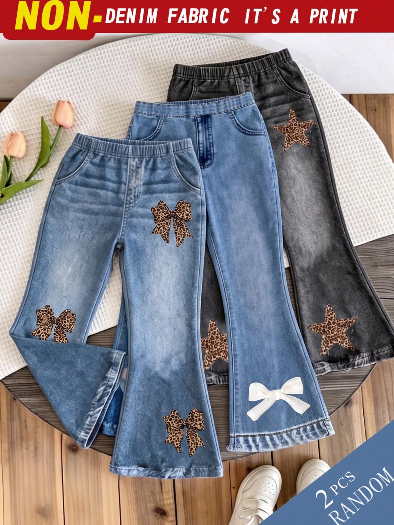 SHEIN Elladie kids 4-7y Girls 2pcs/Pack (2 Random Styles From 3) Sweet Cute Digital Print Elastic Waist Flare Jeans, Suitable For Daily Wear And Outings