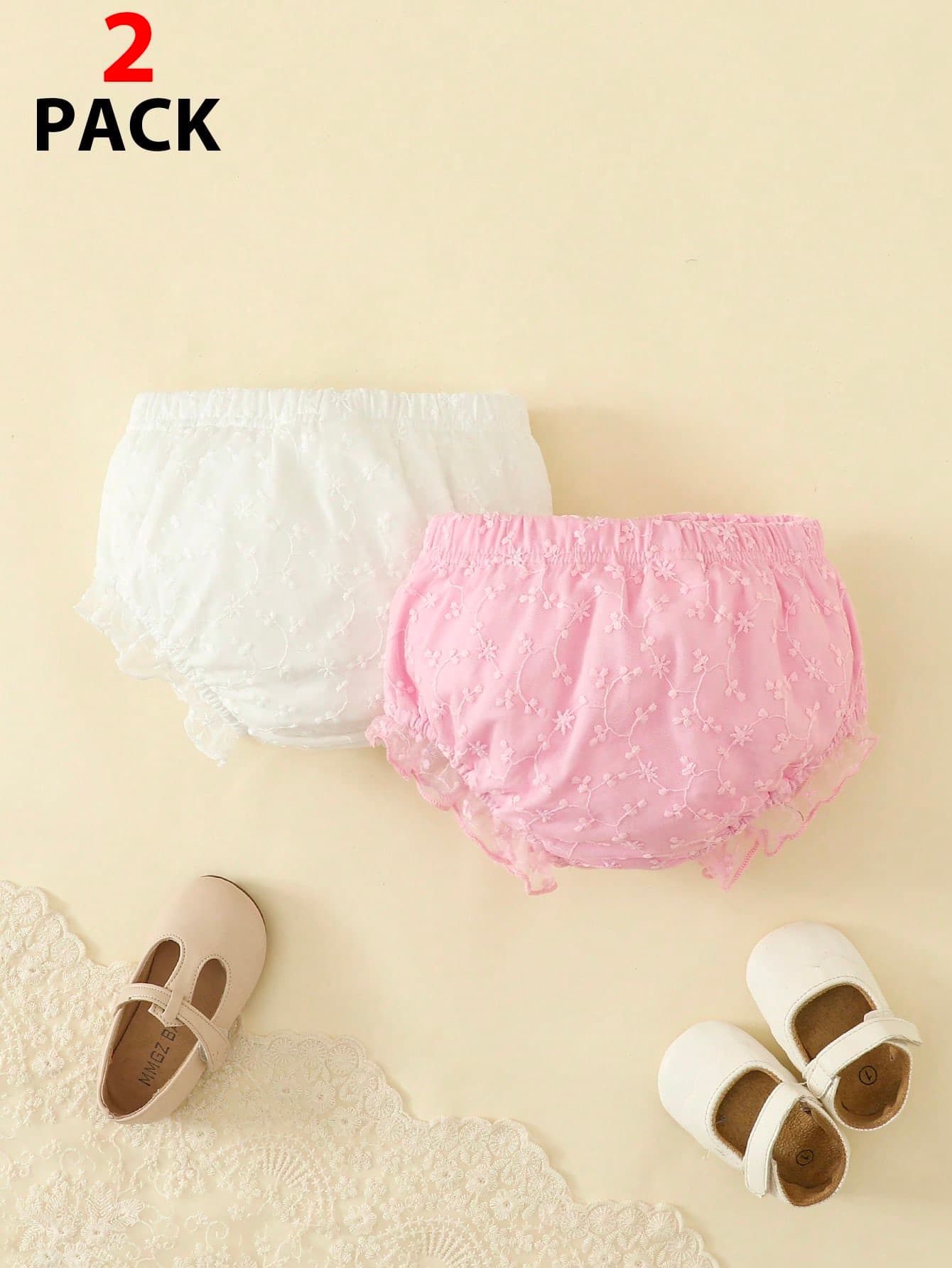 Vintaside Kids Babygirl 2pcs White + Pink Lace Ruffle Bloomers, Versatile Ruffled Shorts For Matching With Various Outfits, Dresses, Birthday Outfits, 1st Birthday Clothing