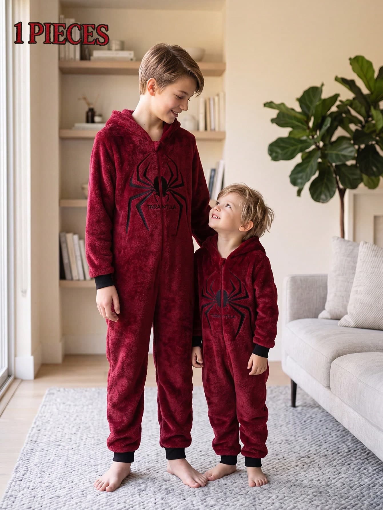SHEIN Playful Pals Boys' Burgundy Soft Cotton Fleece Printed Warm Comfortable Zip-Up Hooded Jumpsuit With Black Spider Embroidery Pattern, Casual Loungewear