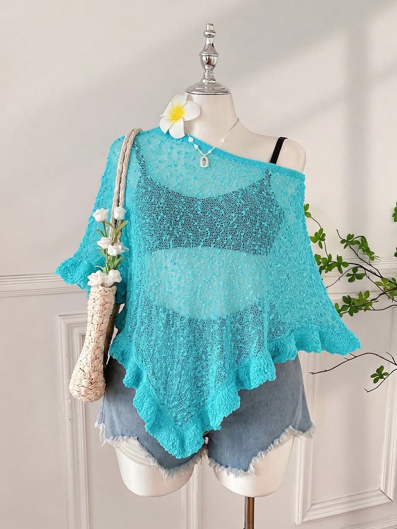 SHEIN EZwear Summer Poncho For Outings And Dates, Coffee Brown, Ruffle Trim, Semi-Sheer, Casual, Crochet, Women's Plus Size
