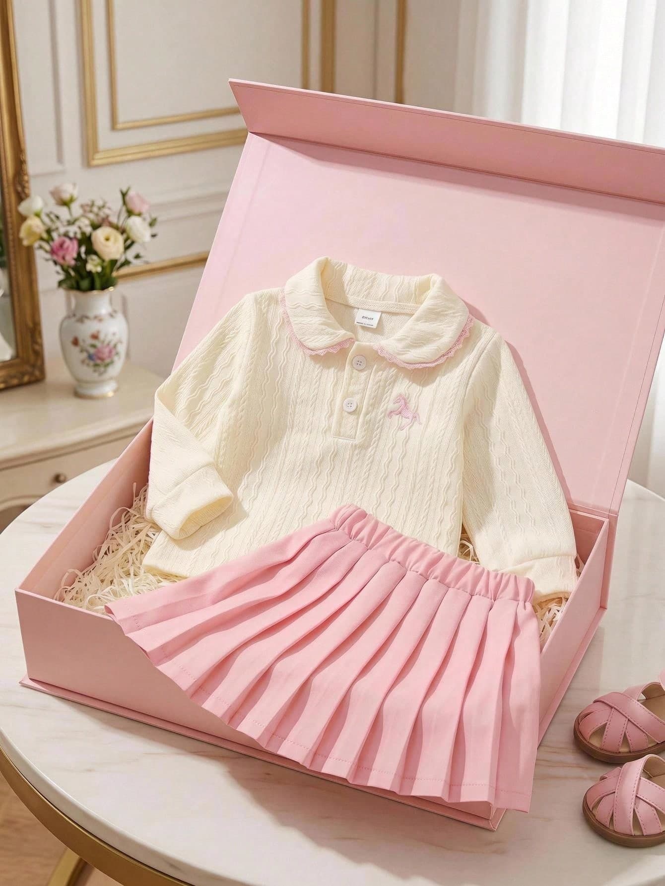 Souflis Souflis Baby Girl Preppy 2-Piece Set, Small Cable Knit Fabric Collared Polo Cardigan + Elastic Waist Pleated Skirt, 6M-3T. Soft Fabric, Cute Fit, Elegant And Adorable, Suitable For All Seasons, Perfect For School, Home, Outings, Commuting And More.