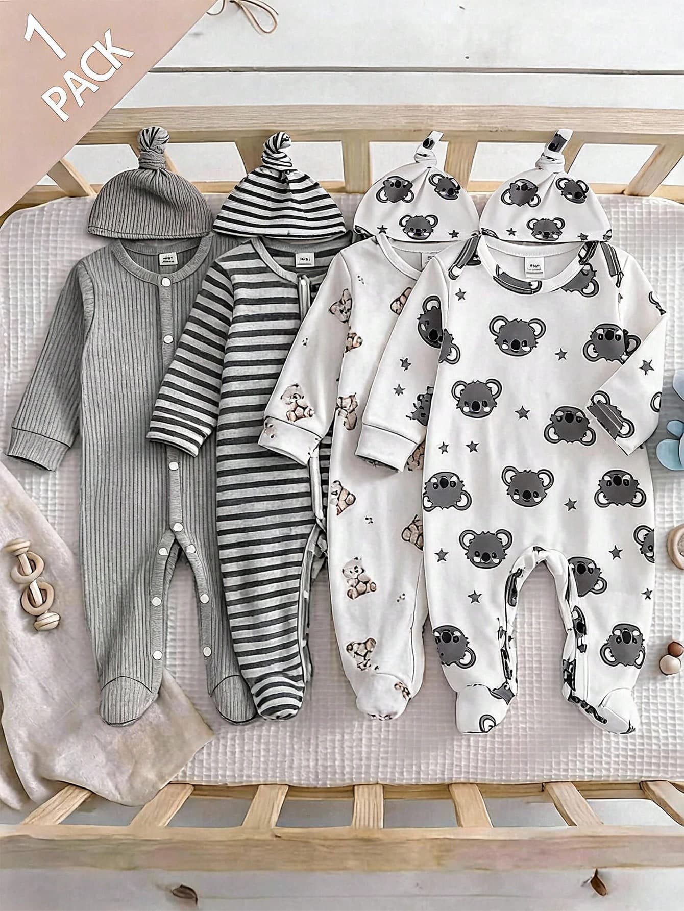 2pcs Newborn Long Sleeve Footed Jumpsuit Hat Set, Knitted Comfortable Soft Cute Koala All-Over Print Pattern Home Wear, Best Gift For Newborn, Versatile Fashion, Best Choice