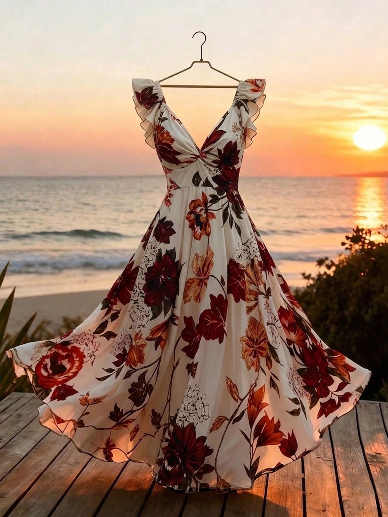 GlowEve CURVE Plus Size Floral Print Ruffle Sleeve Maxi Dress, Casual Resort, Romantic Date Party, Summer Beach Gown