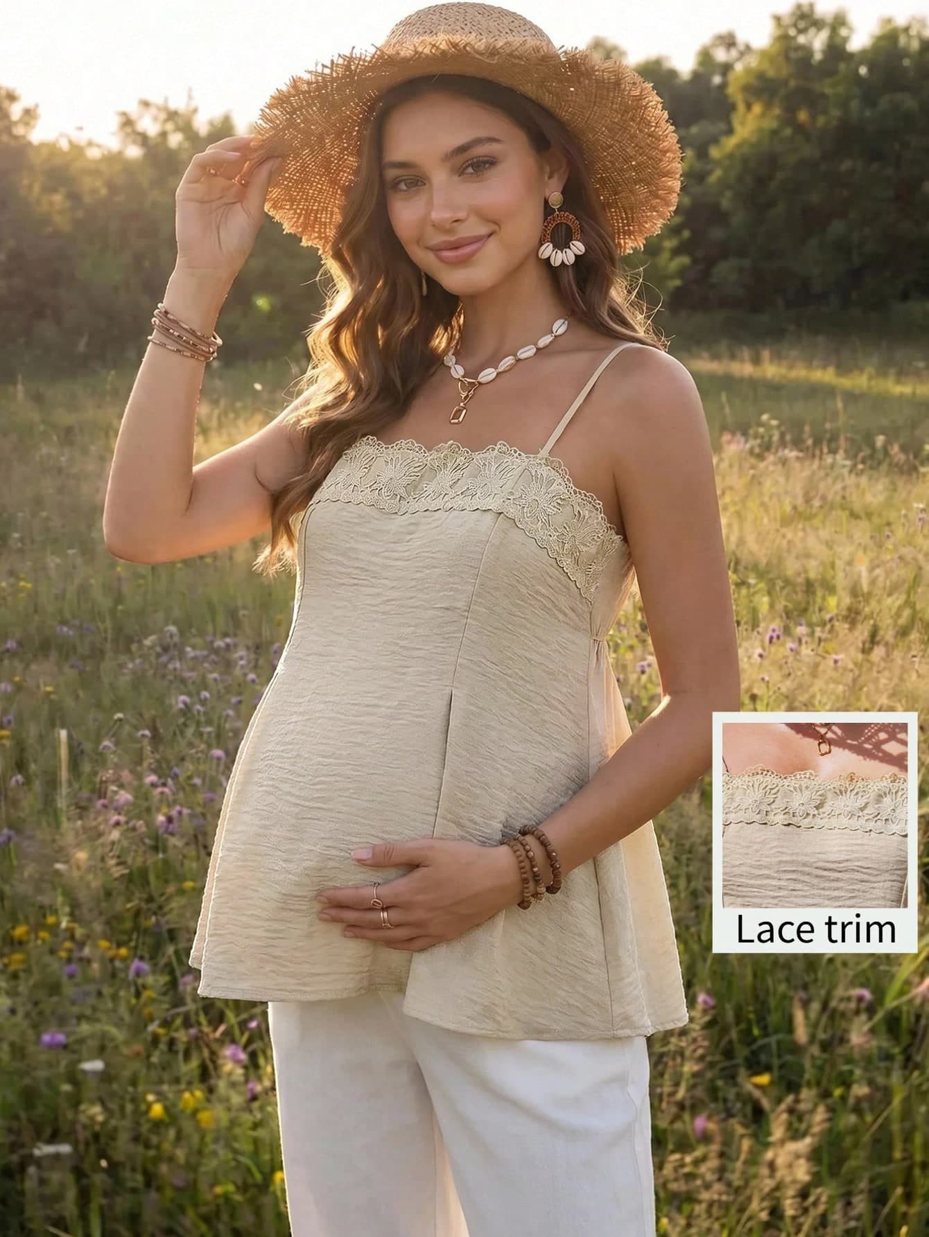 Boho Mama Maternity Vacation Solid Color Contrast Lace Fashion Camisole Tank Top
