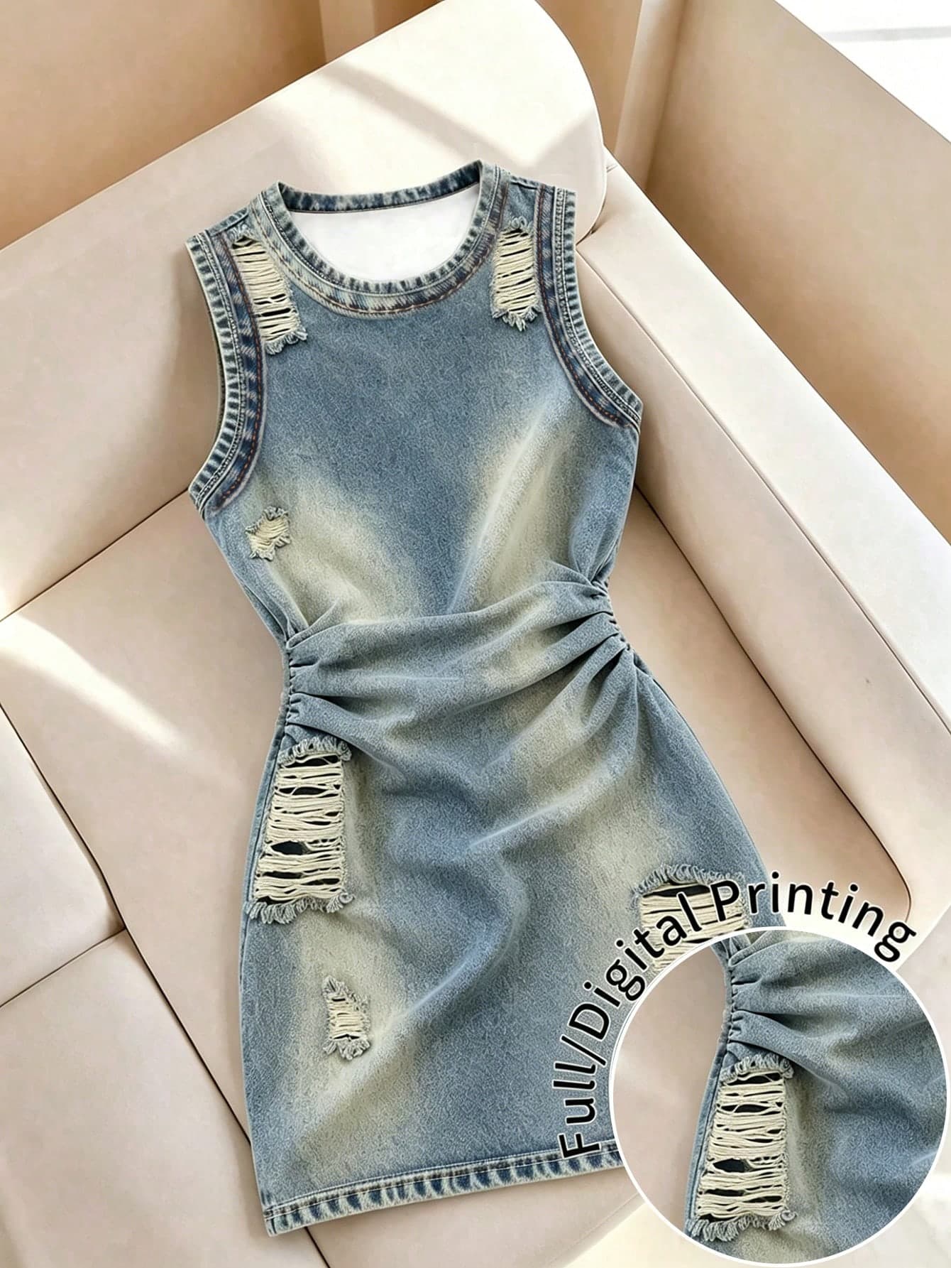 SHEIN Teen Girls' Faux Denim All-Over Print Sleeveless Dress, Suitable For Spring, Summer, Autumn, Outings, Girls, Women, Home, Daily Wear, Comfortable, Minimalist, Classic, Fitted Dress