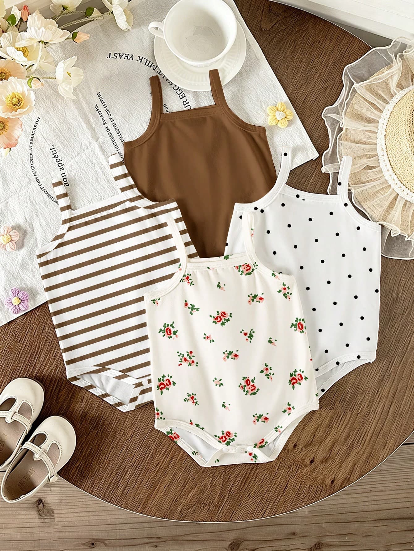 Baby Girl Floral, Brown Striped, Brown Solid Color Sleeveless Bodysuit, Summer Bodysuit With Easy Diaper Change Crotch, Suitable For Home, Outings, Crawling, And Baby Photography