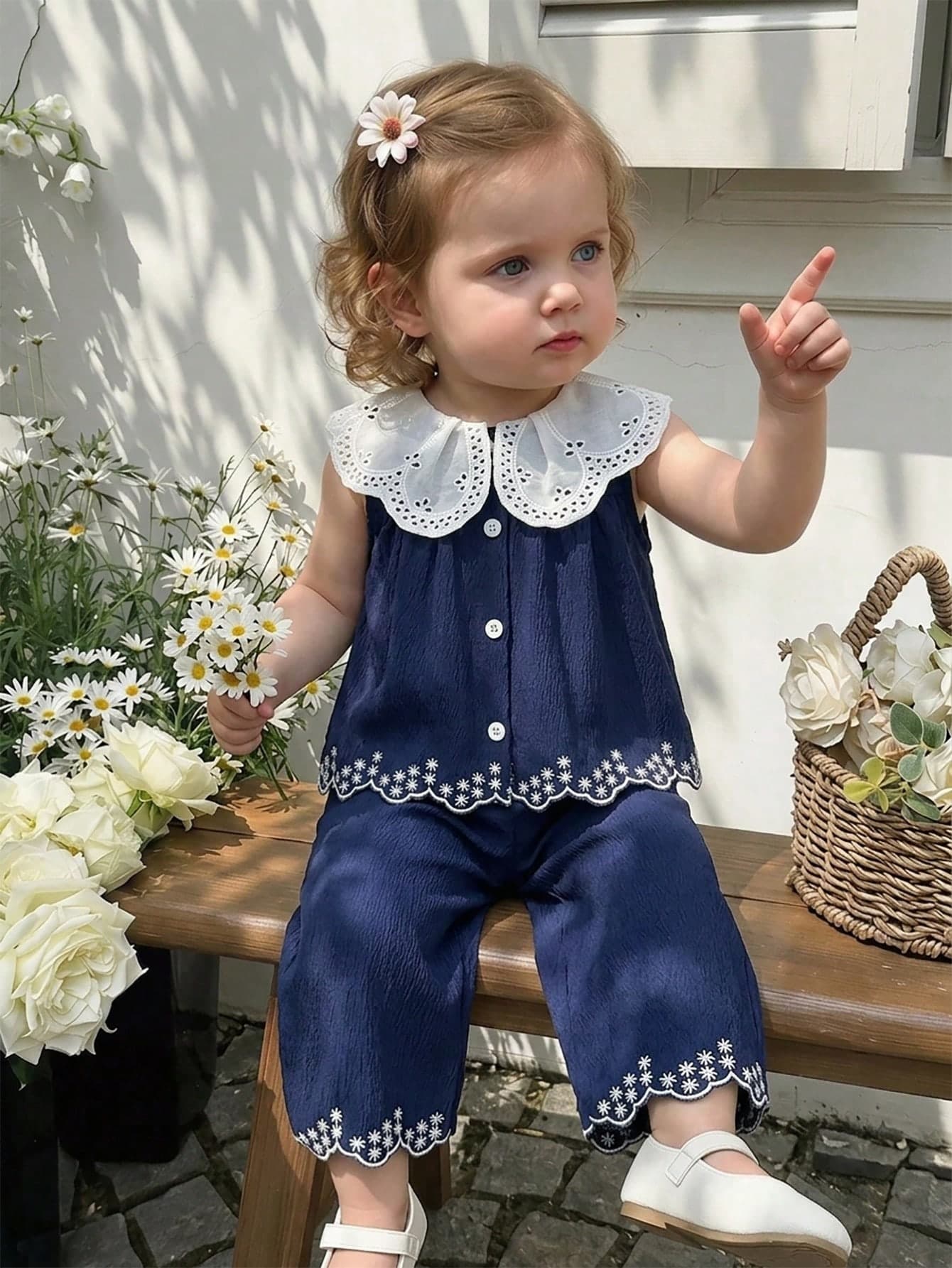 SHEIN Playful Pals Country Style Peter Pan Collar Toddler Girl Outfit, Infant Fashion Embroidered Hem Sleeveless Top And Pants 2 Pieces Set
