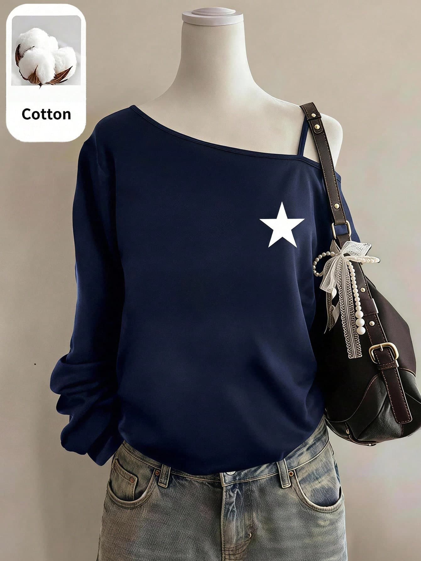 SHEIN Teen Girl Star Print Asymmetrical Collar Autumn Sweatshirt