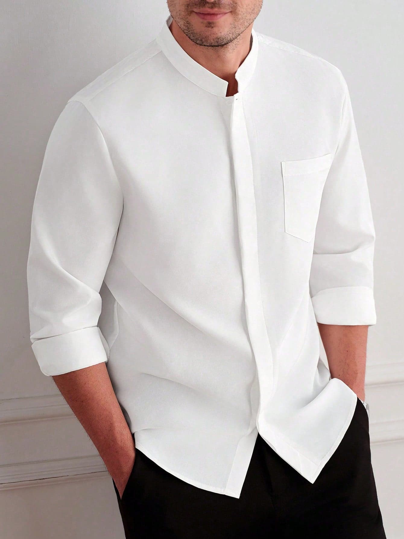 Core Aspect Men's Casual White Summer Long Sleeve Shirt,Stand Collar Chinese Collar Business Work Shirt,Hidden Front Button Pocket Anti-Wrinkle No-Ironing Shirt, Formal