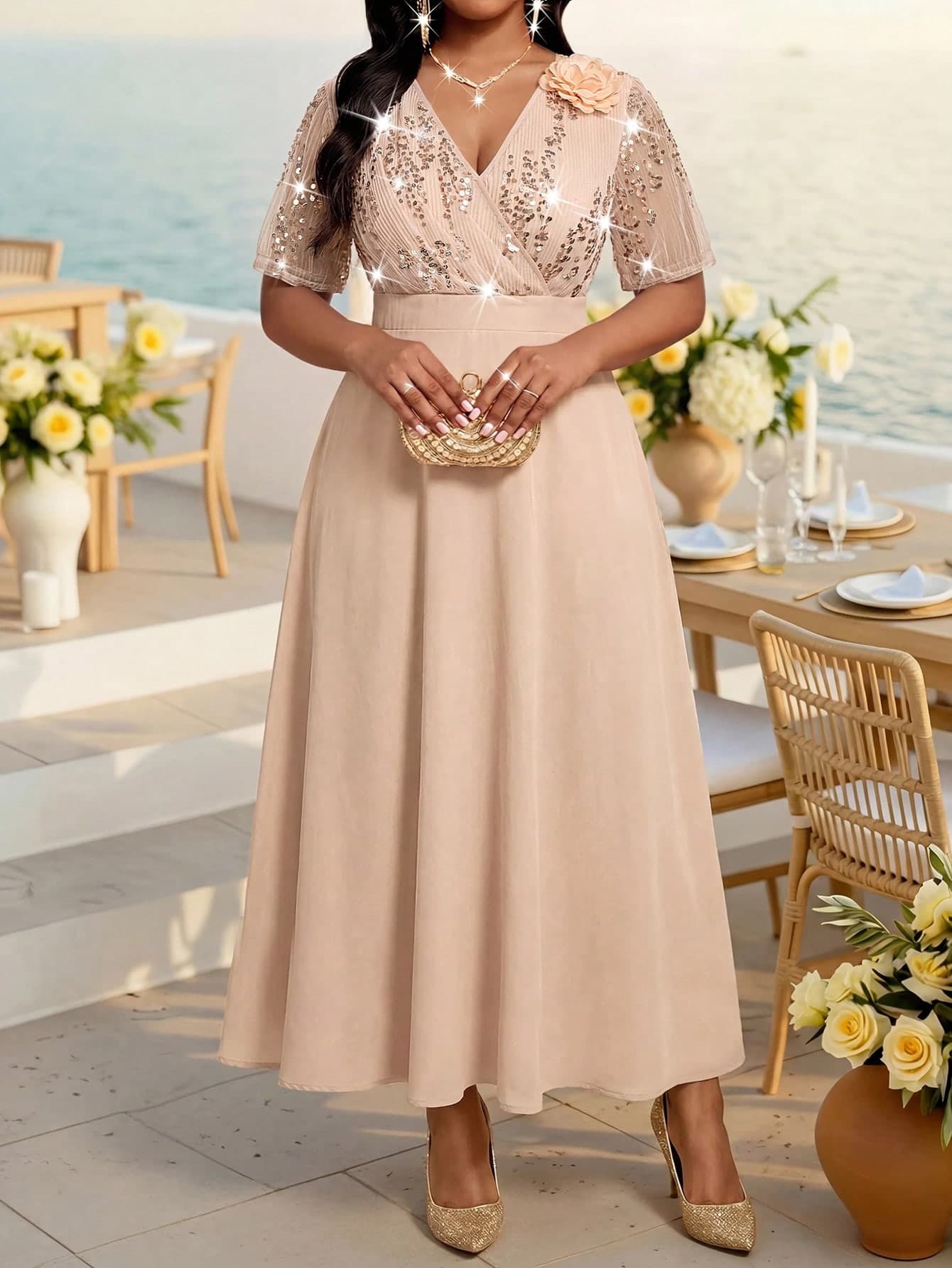 Fleurora Plus Size Women's V-Neck 3D Floral Decor Casual Party Dress Elegant Dresses For Women Sequin Dress Luxury Evening Wedding Dress Wedding Guest Dress