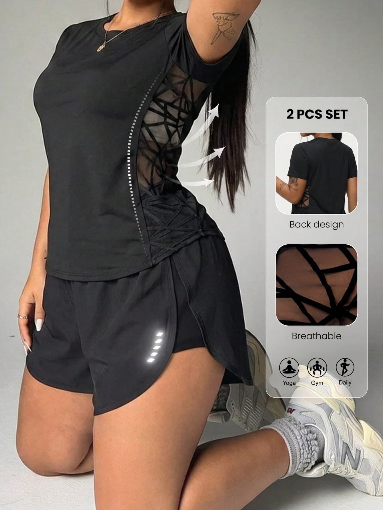 SHEIN Rhythm Era Plus Size Women Mesh Patchwork Short Sleeve Top And Shorts Casual Sportswear Set